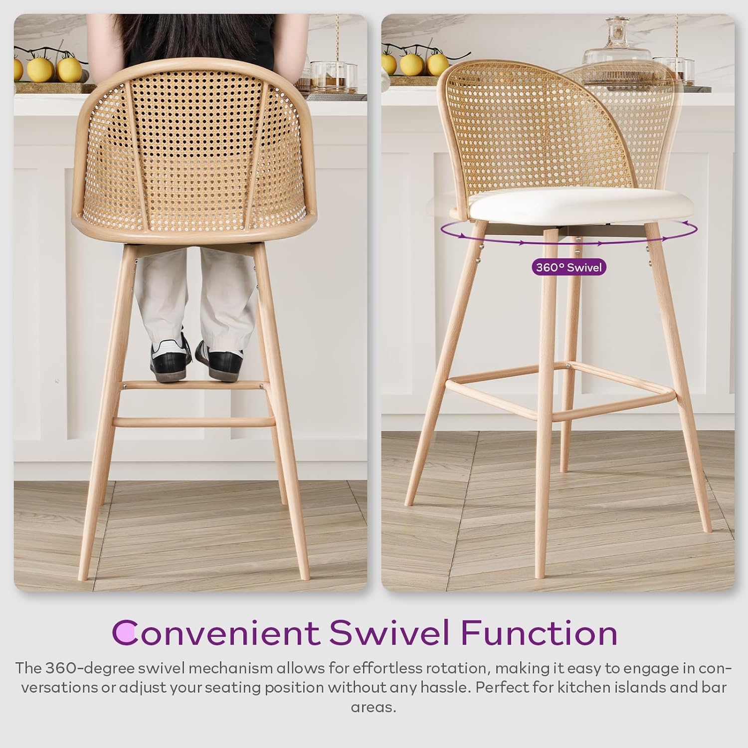 TYBOATLE 29'' BarStools Set of 2 w/Rattan Backrest, Swivel Counter Height Bar stools w/Metal Legs, Modern Mid-Century Boho Bar stools with Faux Leather for Kitchen Island, Dining Room, White