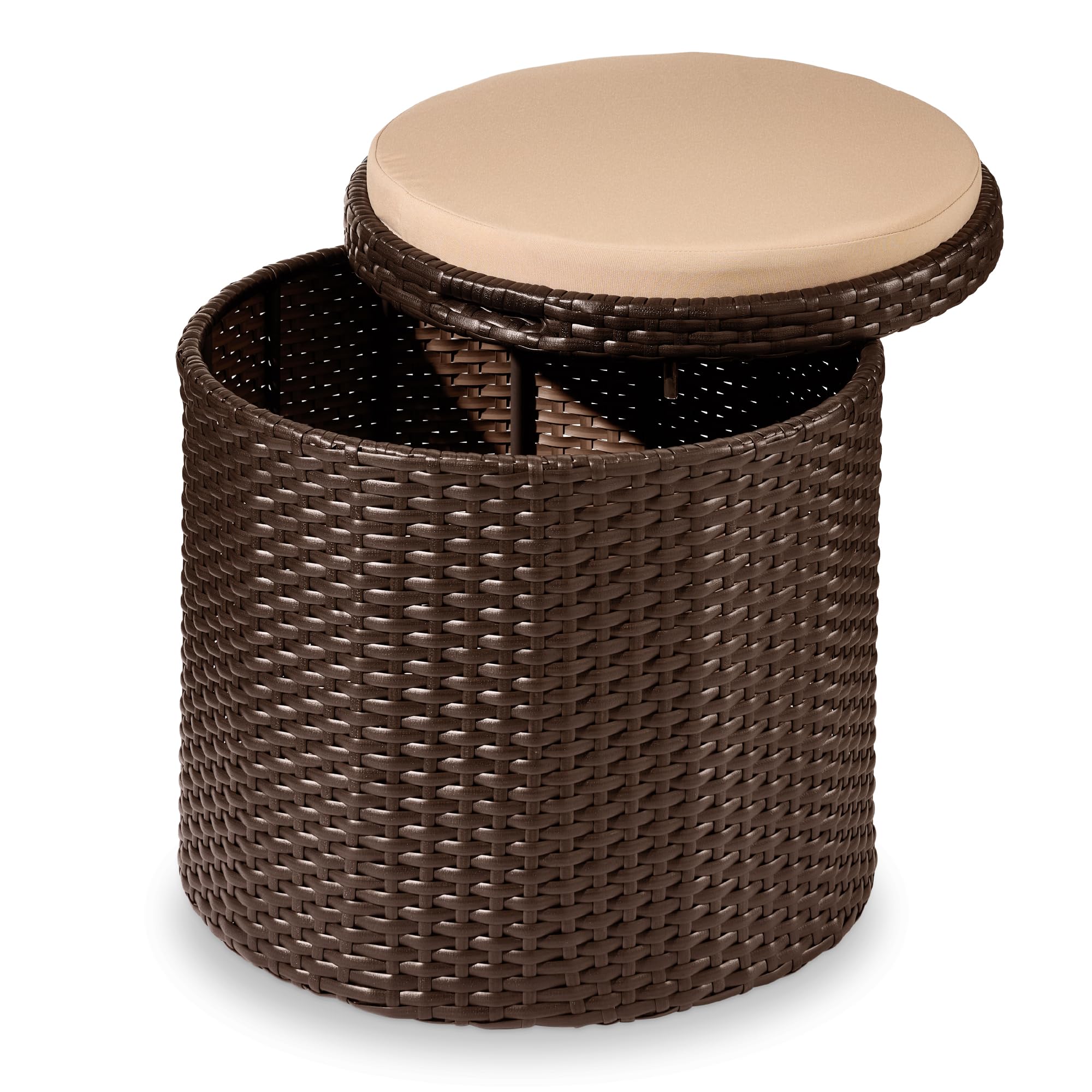 Best Choice Products Round Wicker Ottoman, Multipurpose Outdoor Furniture for Patio, Backyard, Additional Seating, Footrest, Side Table w/Storage, Removable Cushions – Brown/Beige