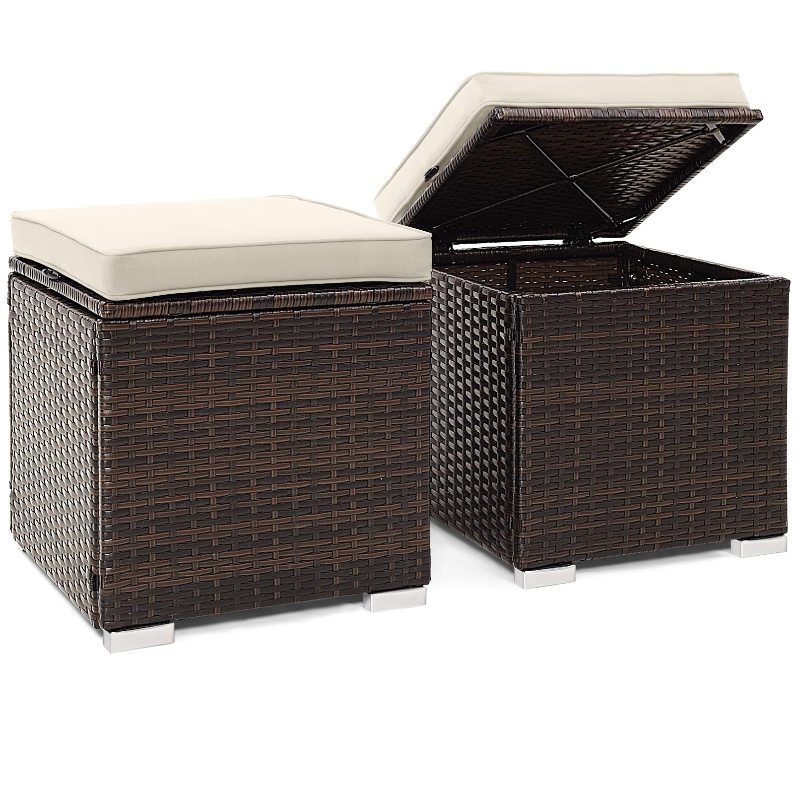 Tangkula 2 Pieces Patio Ottomans, Patiojoy Hand-Woven PE Rattan Side Table with Removable Cushion & Hidden Storage Space, Multifunctional Storage Box, Seat for Patio, Backyard, Poolside (Off White)