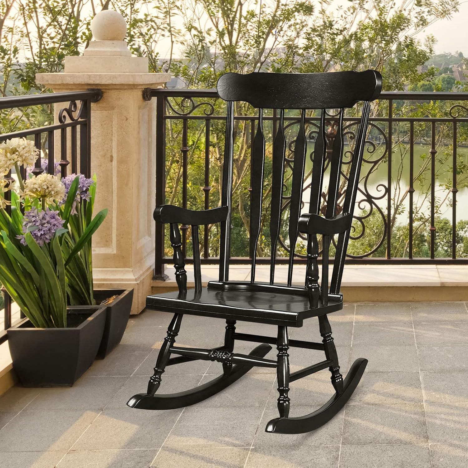 Tangkula Patio Rocking Chair Solid Rubber Wood, Outdoor Porch Rocker Chair with Rubber Wood Frame, Indoor Wooden Rocking Chair, Ideal for Garden, Backyard & Balcony (1, Black)