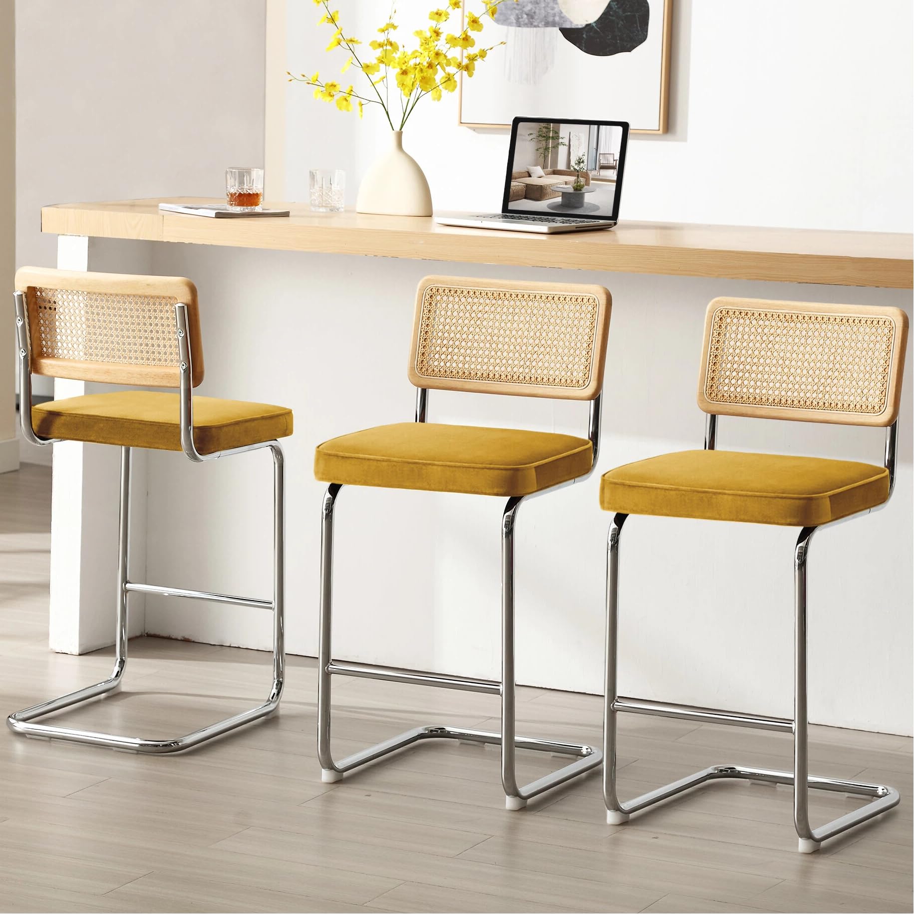 Zesthouse Natural Rattan Bar Stools Set of 2, Modern Counter Height Stools with Solid Wood Back, 26'' Counter Height Chairs, Mid Century Cantilevered Bar Chairs for Kitchen Island, Faux Leather Brown