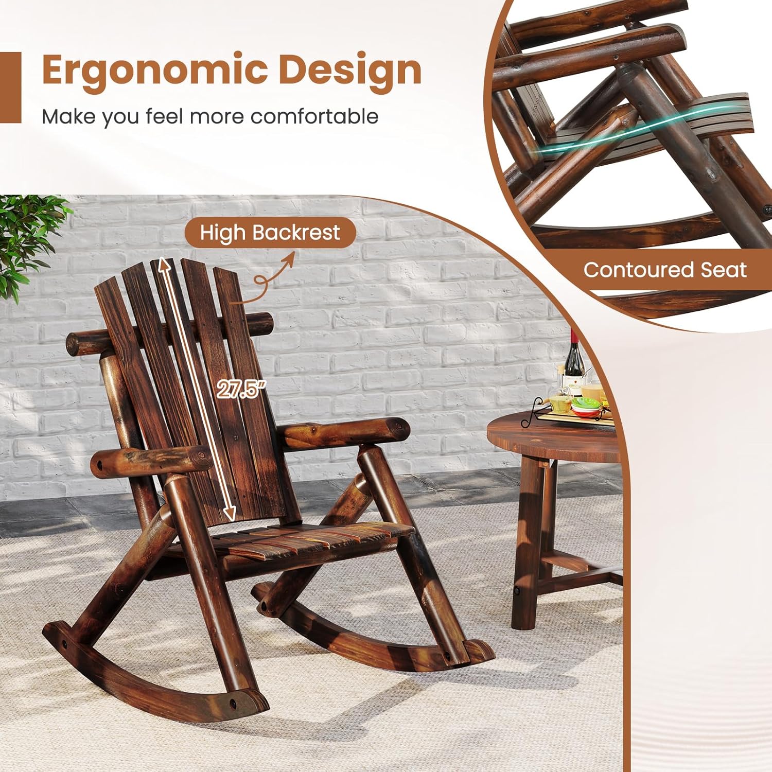 Tangkula Wood Rocking Chair Outdoor, Outside Adirondack Rocker with High Back and Slatted Seat, Oversized Porch Rocking Chair for Balcony, Garden, Backyard, Patio