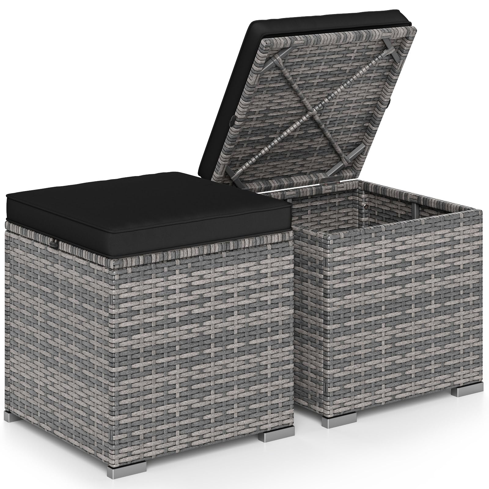 Tangkula 2 Pieces Patio Ottomans, Patiojoy Hand-Woven PE Rattan Side Table with Removable Cushion & Hidden Storage Space, Multifunctional Storage Box, Seat for Patio, Backyard, Poolside (Off White)