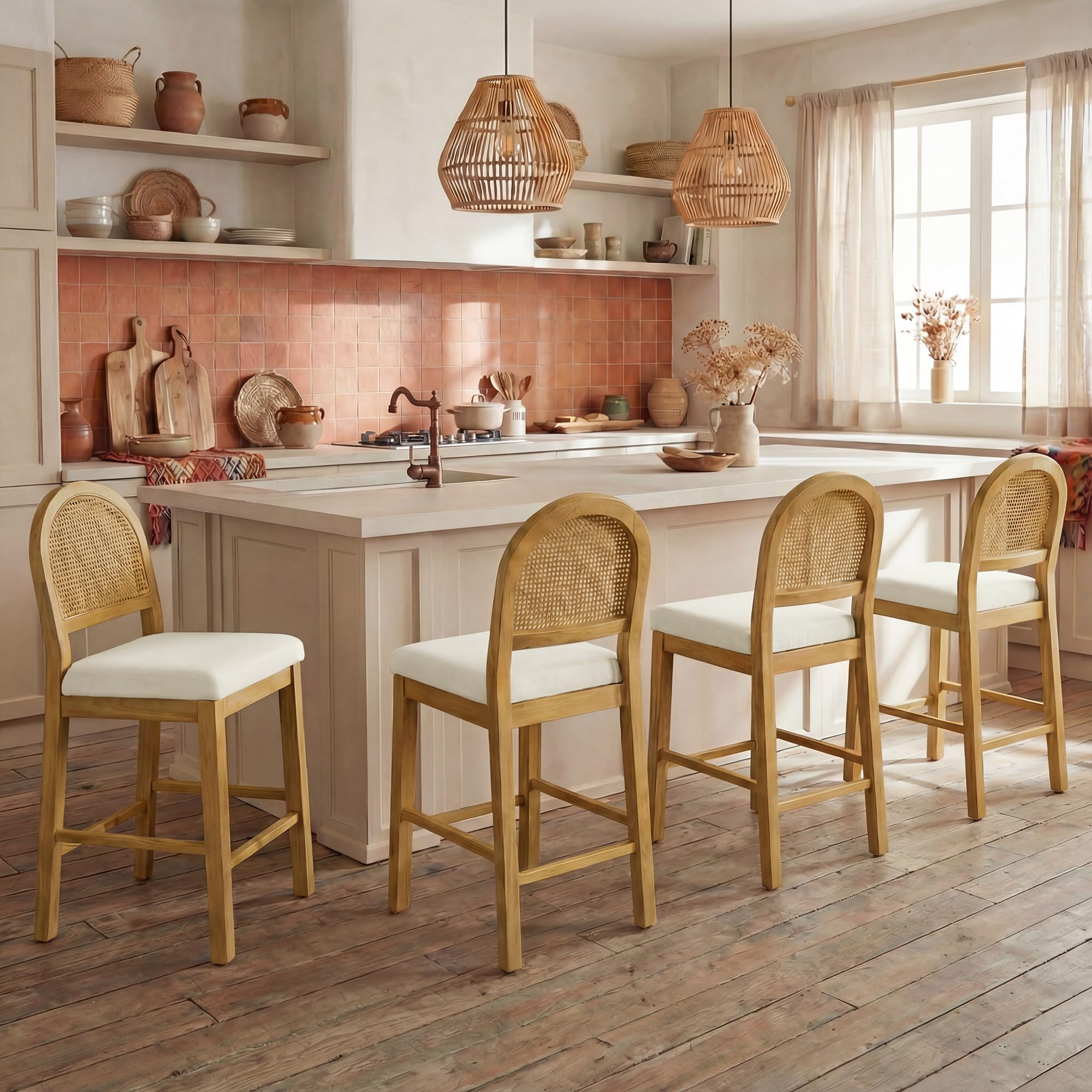 Rattan Counter Height Bar Stools Set of 3, Upholstered Farmhouse Barstools with Natural Rattan Back, Wooden Legs for Kitchen Island, Walnut/Linen