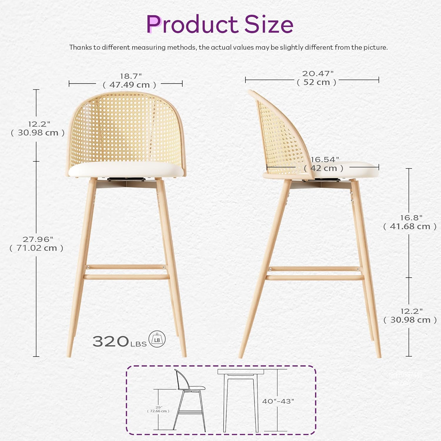 TYBOATLE 29'' BarStools Set of 2 w/Rattan Backrest, Swivel Counter Height Bar stools w/Metal Legs, Modern Mid-Century Boho Bar stools with Faux Leather for Kitchen Island, Dining Room, White