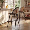 TYBOATLE 29'' BarStools Set of 2 w/Rattan Backrest, Swivel Counter Height Bar stools w/Metal Legs, Modern Mid-Century Boho Bar stools with Faux Leather for Kitchen Island, Dining Room, White