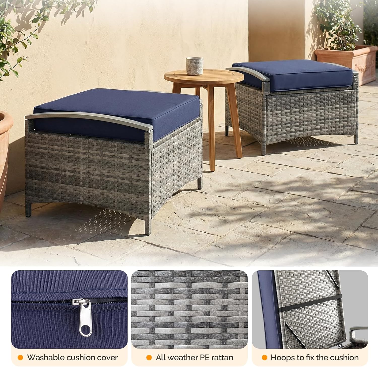 VINGLI 2 Pieces Rattan Ottoman with Storage, Wicker Patio Furniture w/Removable Cushion, Multipurpose Footrest Stool for Outdoor (Gray)
