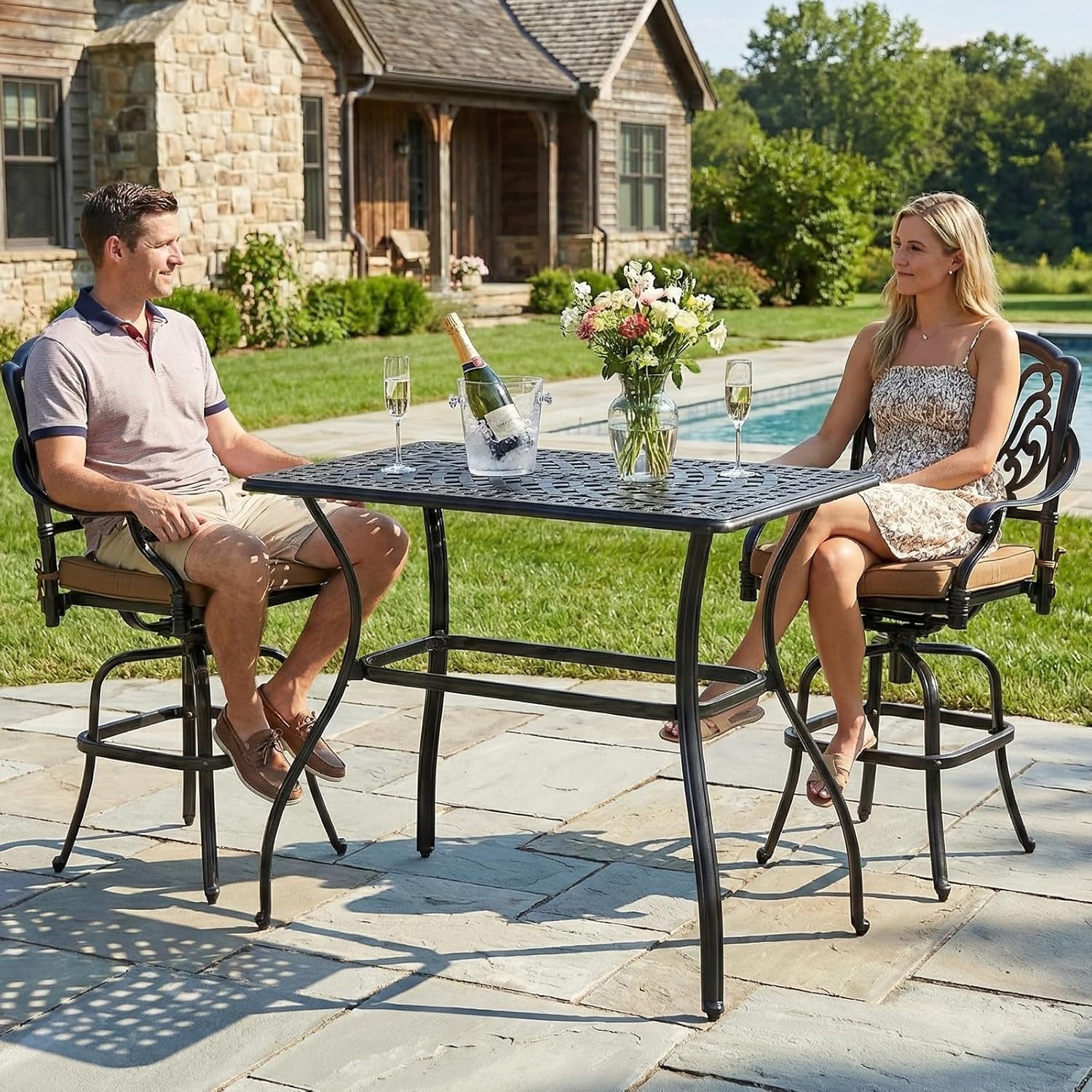 MEETWARM Outdoor Bar Table, All-Weather Cast Aluminum 42" Rectangle Patio Bar Counter Height Table, High Top Dining Table with Adjustable Feet, 200 LBS Heavy Duty Patio Bistro Pub Table, Dark Bronze