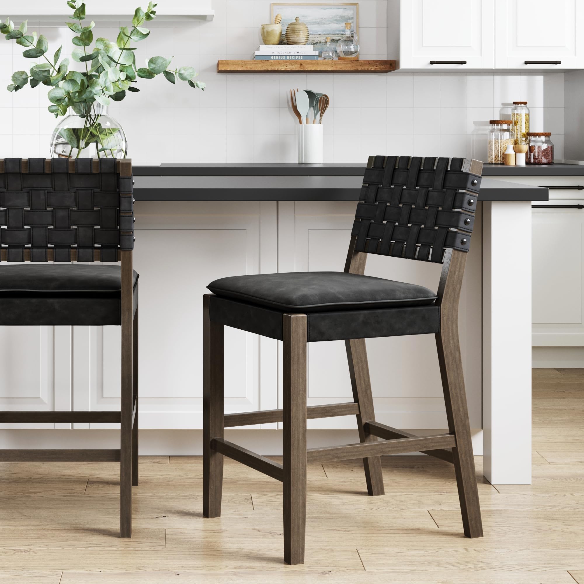Nathan James Cohen Mid-Century Modern Leather Bar Stool, Counter Height Chair in Solid Wood Frame with Footrest and Woven Leather Back for Kitchen, Natural Brown, 1 count, Barstool - 24"