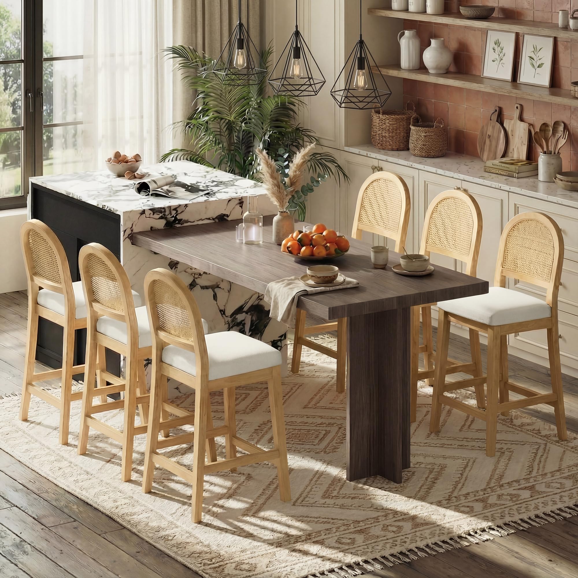 Rattan Counter Height Bar Stools Set of 3, Upholstered Farmhouse Barstools with Natural Rattan Back, Wooden Legs for Kitchen Island, Walnut/Linen