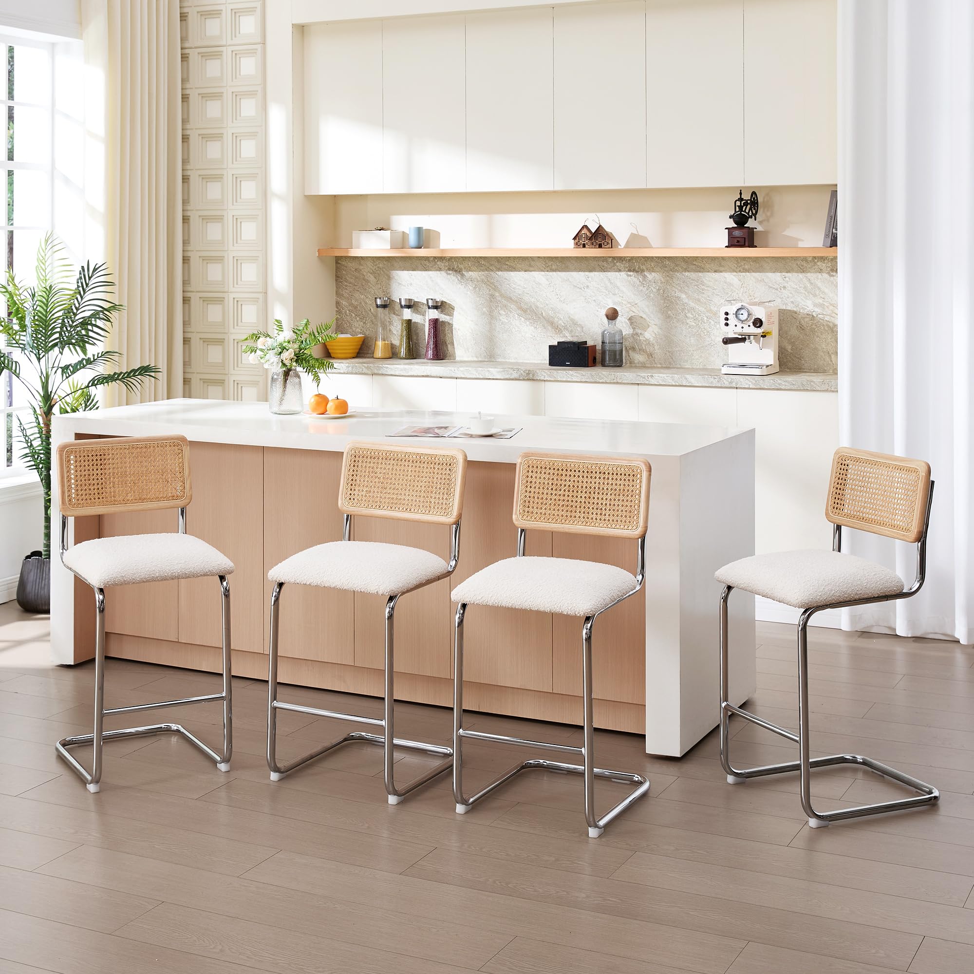 Zesthouse Natural Rattan Bar Stools Set of 2, Modern Counter Height Stools with Solid Wood Back, 26'' Counter Height Chairs, Mid Century Cantilevered Bar Chairs for Kitchen Island, Faux Leather Brown