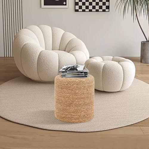 16" Natural Seagrass Braided Ottoman, Boho Round Footrest
