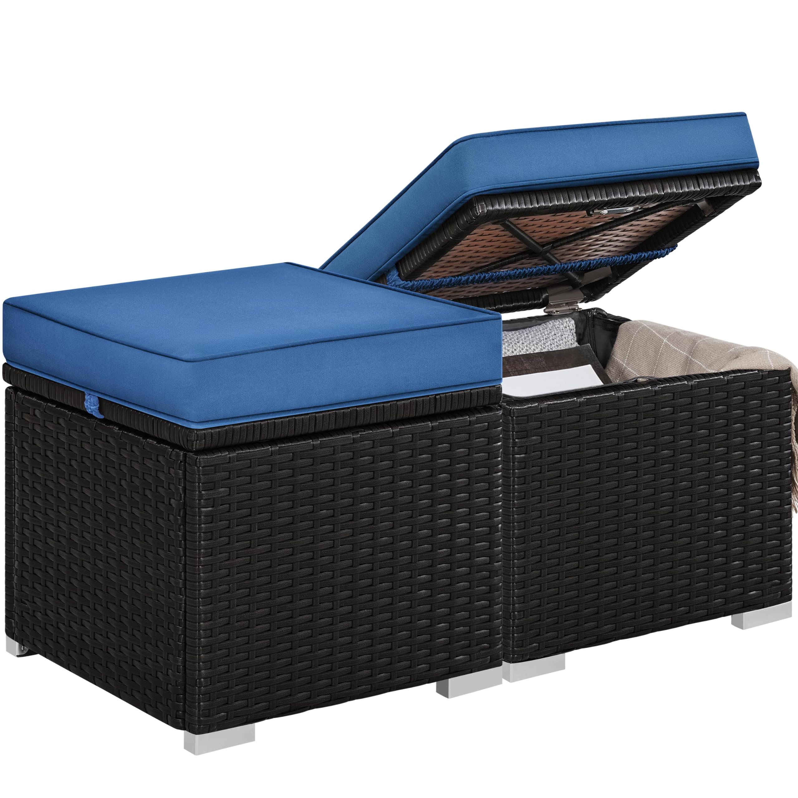 Yaheetech Wicker Ottomans, Set of 2 Patio PE Rattan Side Tables with Hidden Storage & Removable Cushion, Outdoor/Indoor Footstools, Additional Seating for Garden/Balcony/Yard, Black/Gray