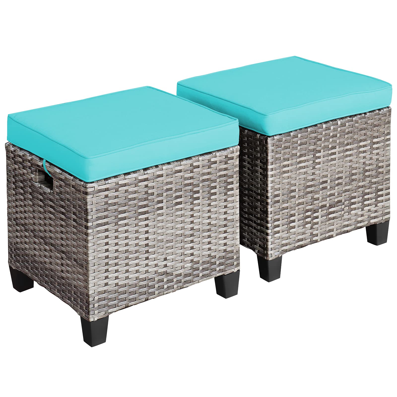 Tangkula 2 Pieces Patio Ottomans, Patiojoy Hand-Woven PE Rattan Side Table with Removable Cushion & Hidden Storage Space, Multifunctional Storage Box, Seat for Patio, Backyard, Poolside (Off White)
