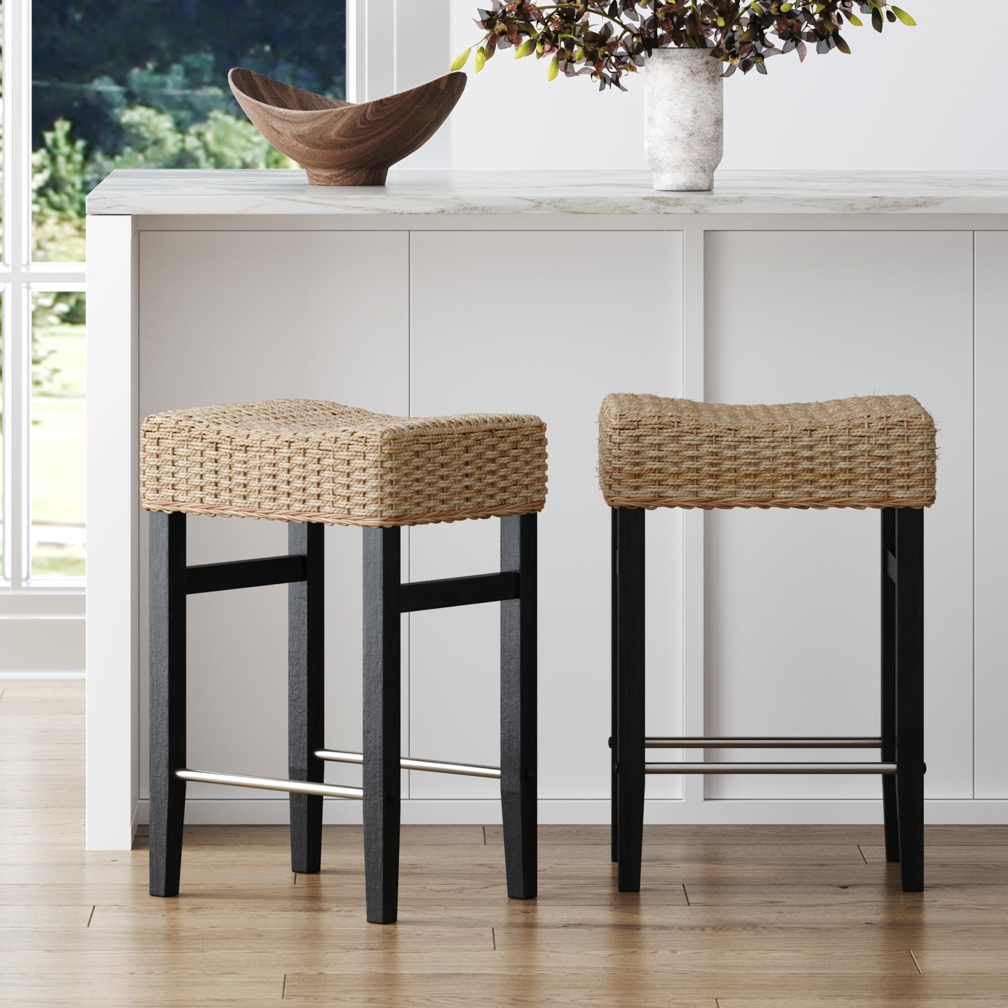 Nathan James Harvey Rattan Bar Stool, Bohemian Counter Height Stool with Woven Seagrass Seat, Solid Wood Legs, and Metal Footrest Seagrass/Brushed Gray, Set of 2
