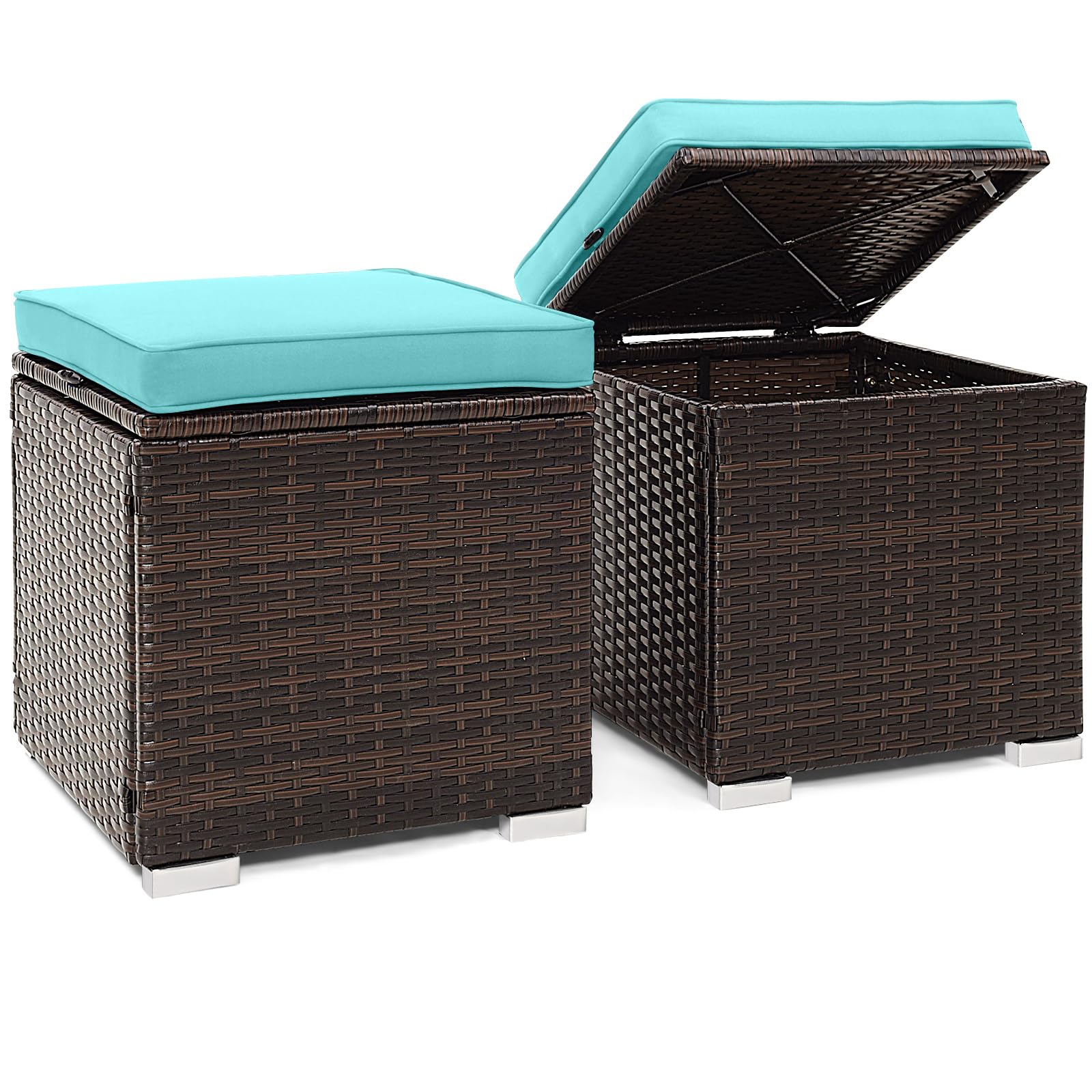 Tangkula 2 Pieces Patio Ottomans, Patiojoy Hand-Woven PE Rattan Side Table with Removable Cushion & Hidden Storage Space, Multifunctional Storage Box, Seat for Patio, Backyard, Poolside (Off White)