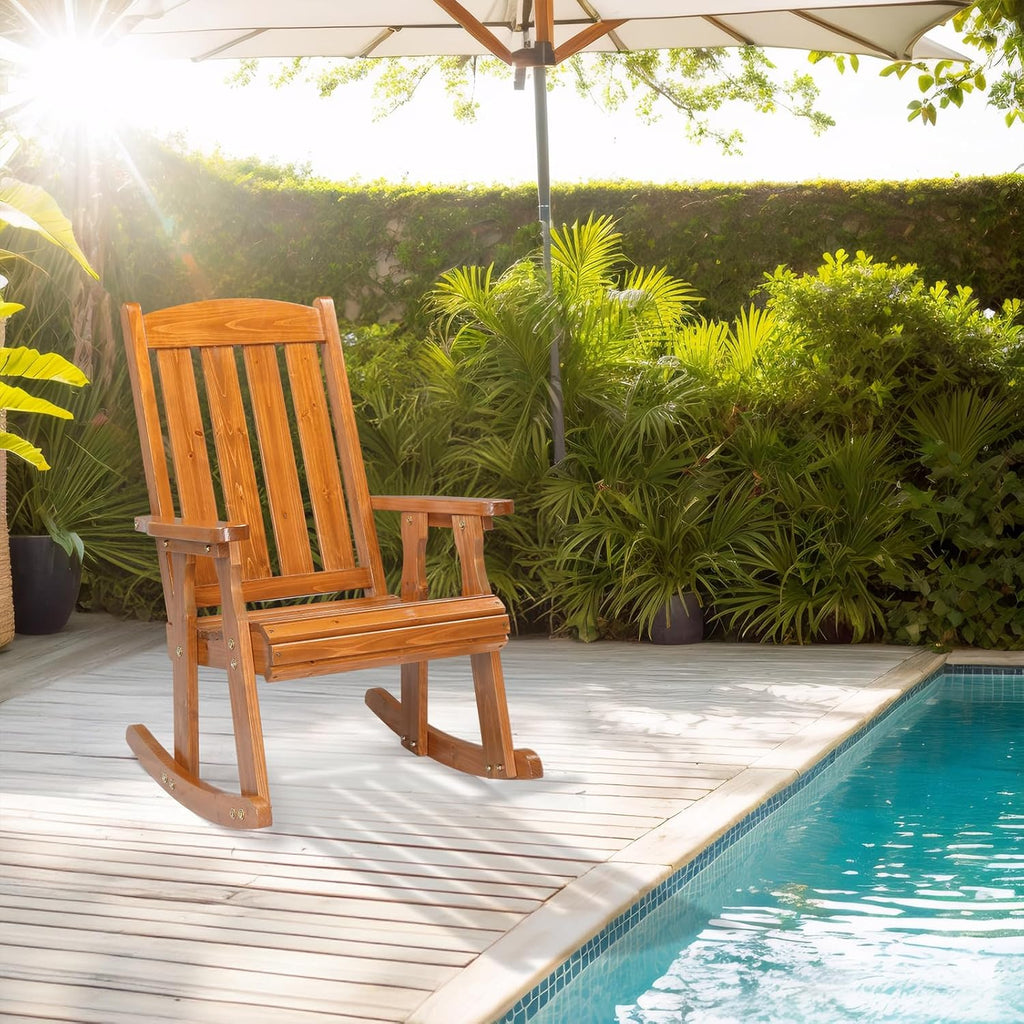 VINGLI Outdoor Rocking Chair, Heavy Duty 600 LBS Wooden Rocking Bench with Comfortable Backrest, Weatherproof Patio Rocker with Ergonomic Design, Wood Rocking Chair for Patio, Garden (Teak, 1PC)