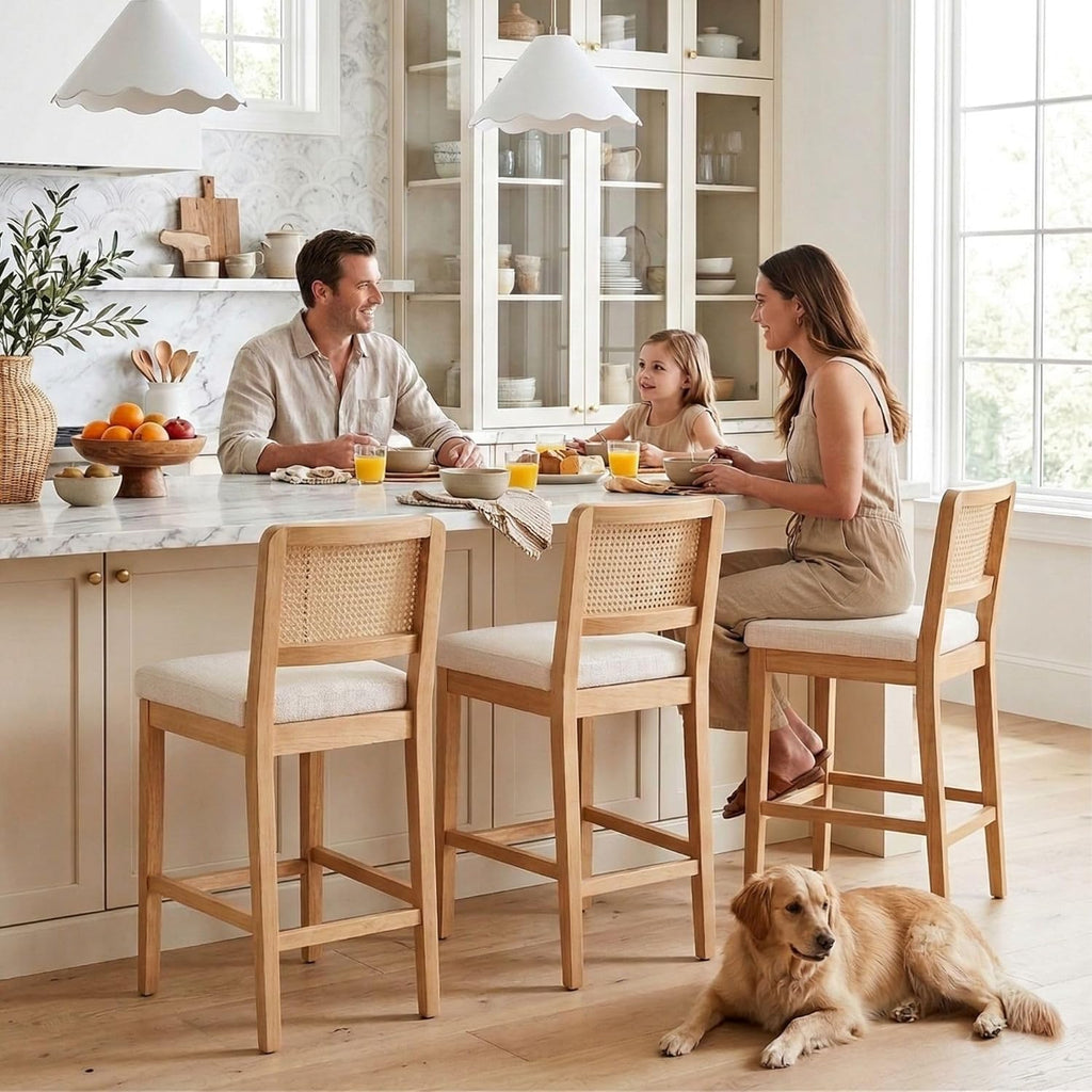 Wahson Counter Height Bar Stools Set of 4, Farmhouse Rattan Bar Stool with Back, Upholstered Wooden Barstools Mid Century Modern Breakfast Bar Chairs for Kitchen Island, Chenille Beige
