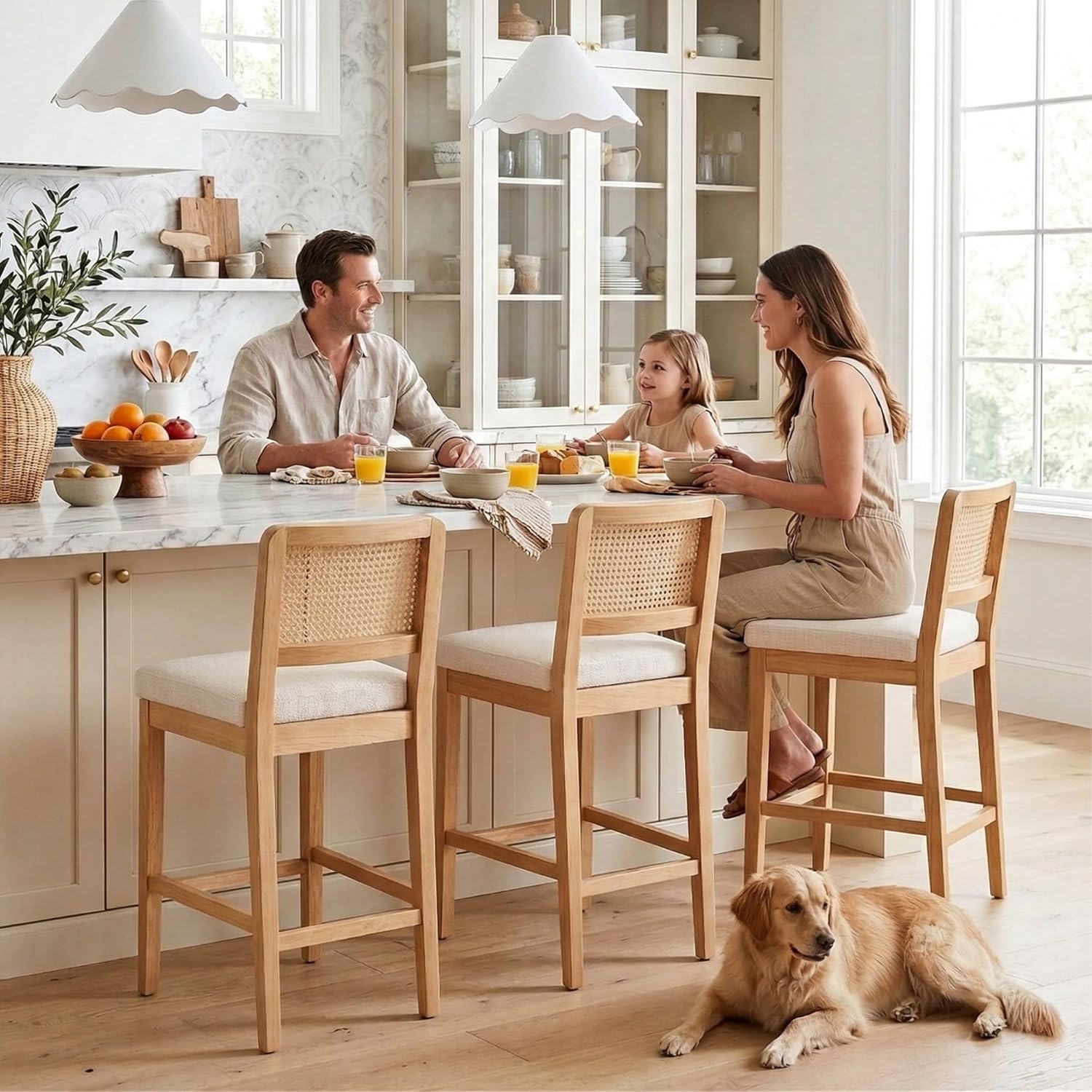 Wahson Counter Height Bar Stools Set of 4, Farmhouse Rattan Bar Stool with Back, Upholstered Wooden Barstools Mid Century Modern Breakfast Bar Chairs for Kitchen Island, Chenille Beige