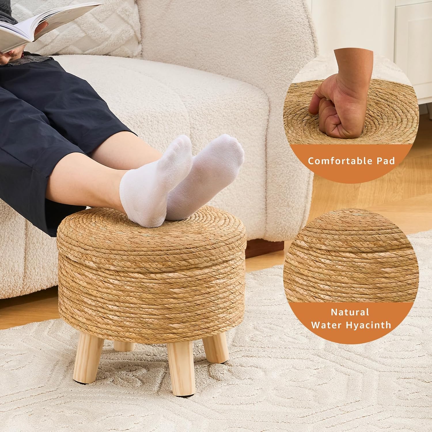 Cpintltr Storage Ottoman Poufs Handwoven Footstool Natural Seagrass Round Footrest Stool with 4 Wood Legs Soft Padded Outdoor Seat for Hallway Lounge Bedroom Garden