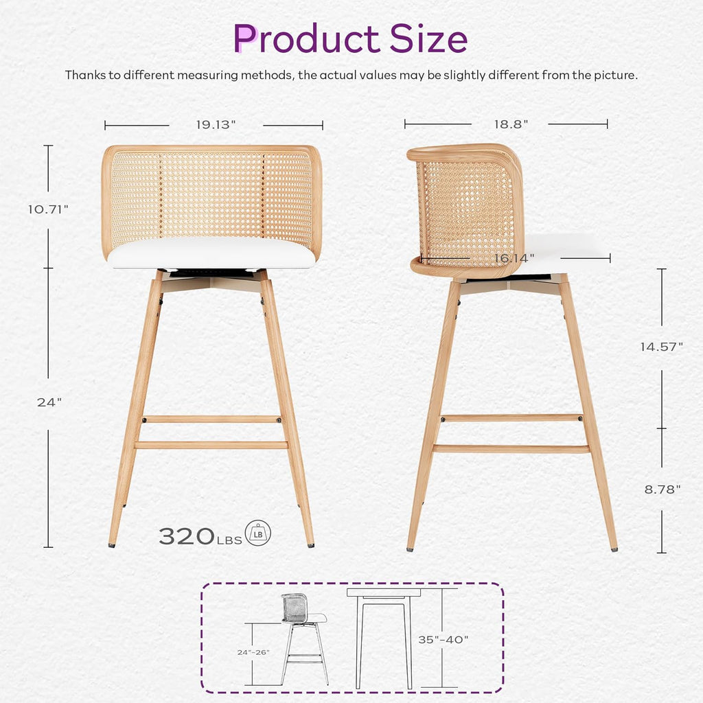 TYBOATLE Swivel Rattan Bar Stools Set of 2, 26” Counter Height Stools with Natural Rattan Woven Back and Faux Leather Seat, Mid-Century Modern Island Chairs Barstools for Kitchen, White (2)