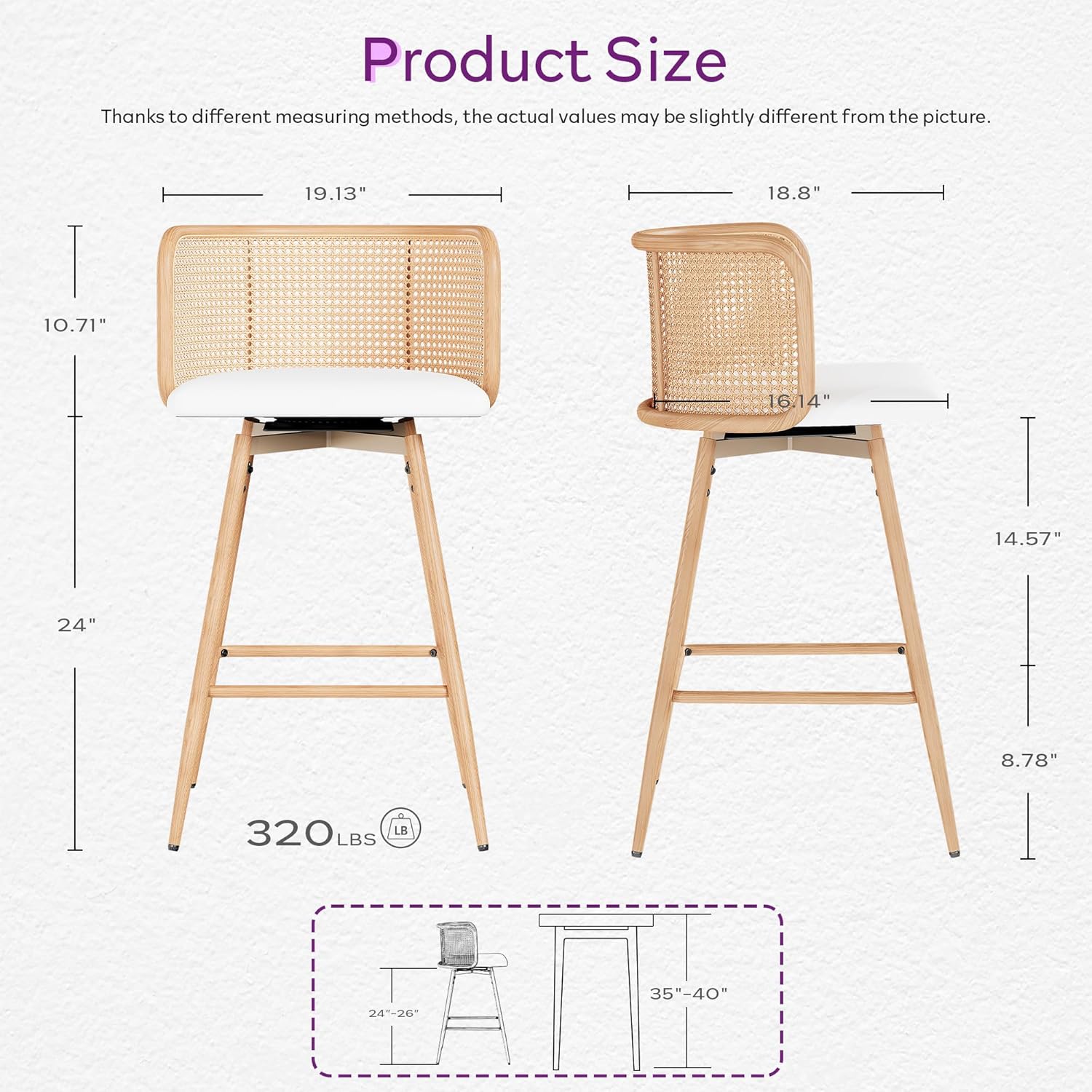 TYBOATLE Swivel Rattan Bar Stools Set of 2, 26” Counter Height Stools with Natural Rattan Woven Back and Faux Leather Seat, Mid-Century Modern Island Chairs Barstools for Kitchen, White (2)