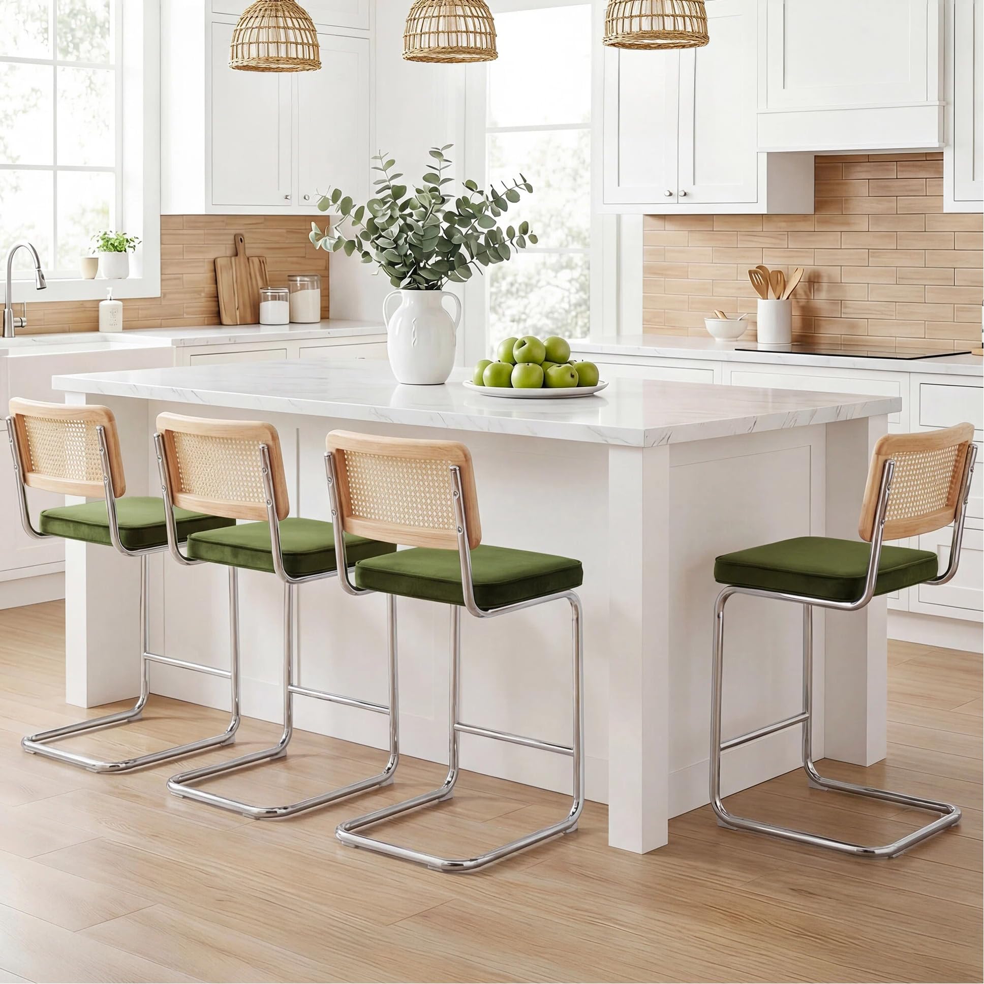 Zesthouse Natural Rattan Bar Stools Set of 2, Modern Counter Height Stools with Solid Wood Back, 26'' Counter Height Chairs, Mid Century Cantilevered Bar Chairs for Kitchen Island, Faux Leather Brown