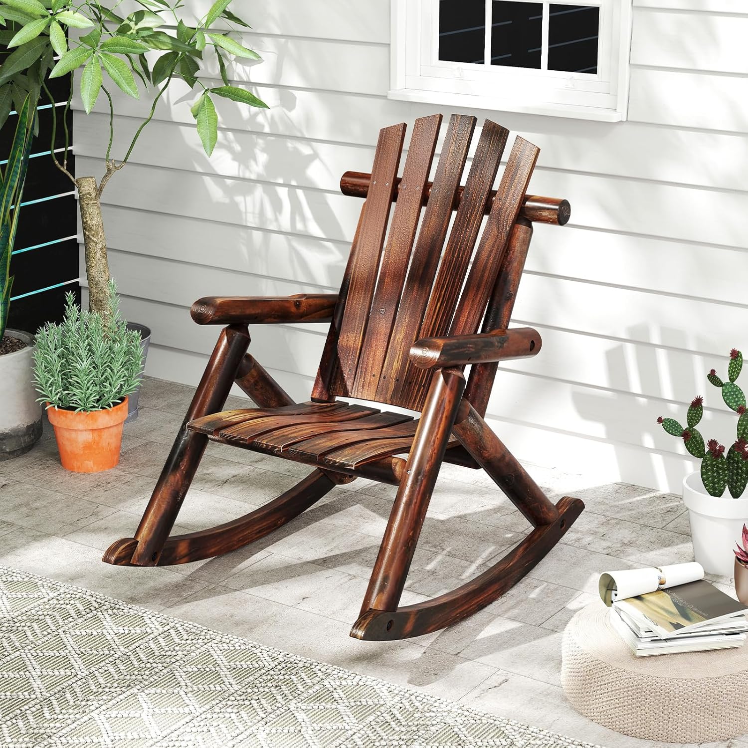 Tangkula Wood Rocking Chair Outdoor, Outside Adirondack Rocker with High Back and Slatted Seat, Oversized Porch Rocking Chair for Balcony, Garden, Backyard, Patio