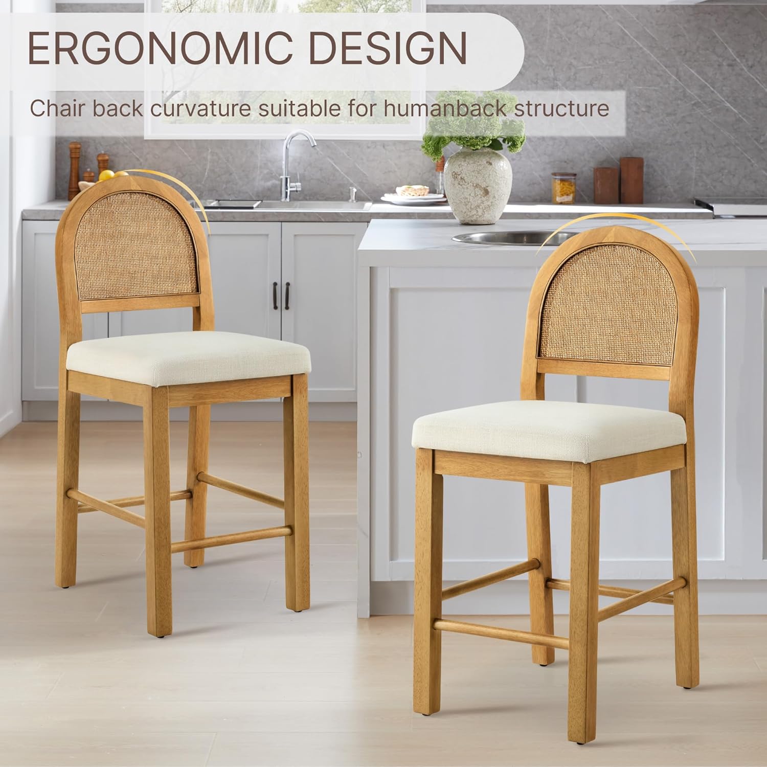 Rattan Counter Height Bar Stools Set of 3, Upholstered Farmhouse Barstools with Natural Rattan Back, Wooden Legs for Kitchen Island, Walnut/Linen