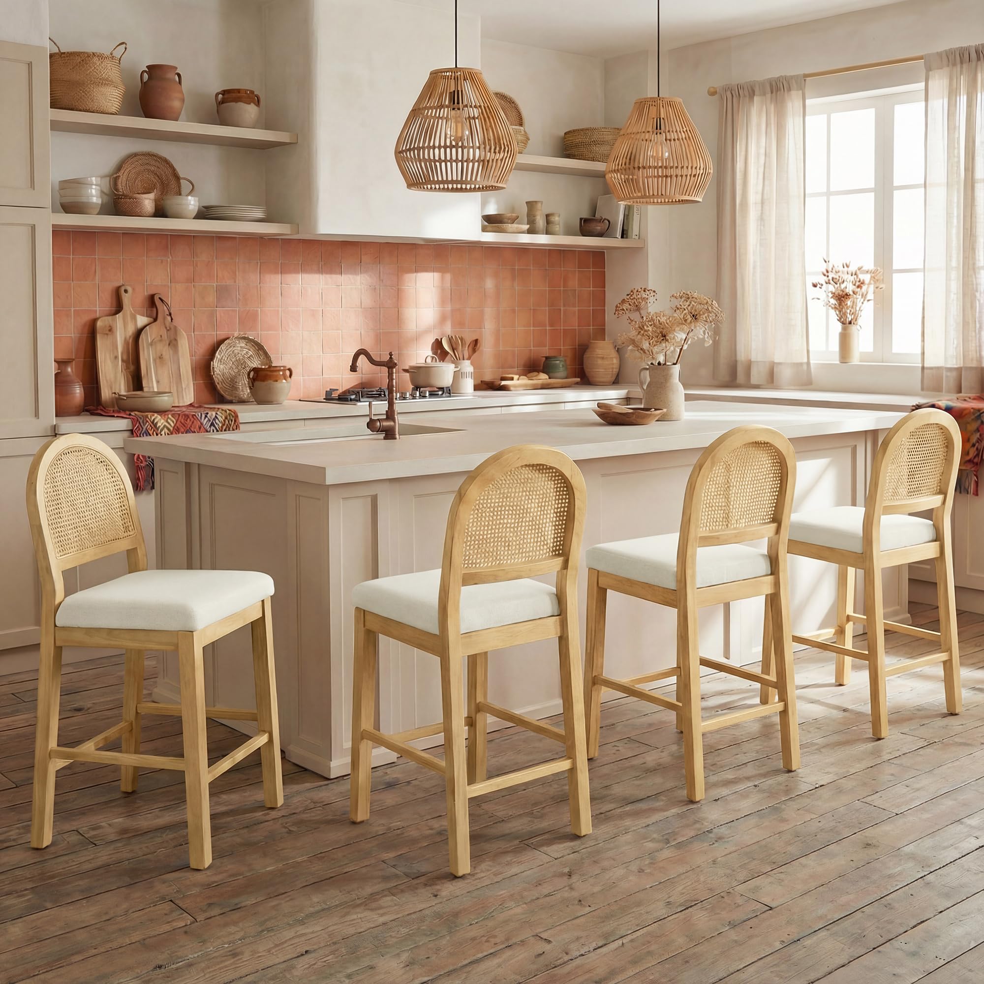 Rattan Counter Height Bar Stools Set of 3, Upholstered Farmhouse Barstools with Natural Rattan Back, Wooden Legs for Kitchen Island, Walnut/Linen