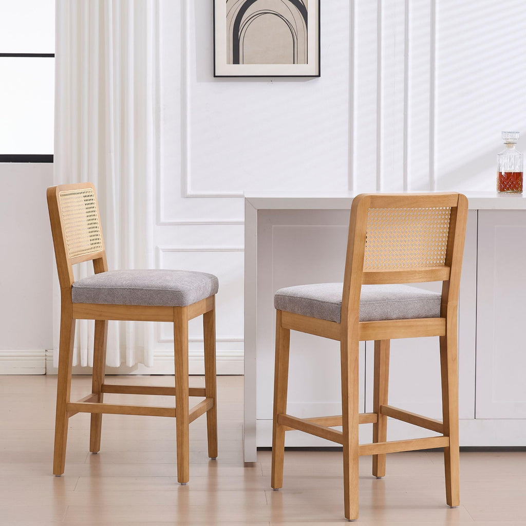 Wahson Counter Height Bar Stools Set of 4, Farmhouse Rattan Bar Stool with Back, Upholstered Wooden Barstools Mid Century Modern Breakfast Bar Chairs for Kitchen Island, Chenille Beige