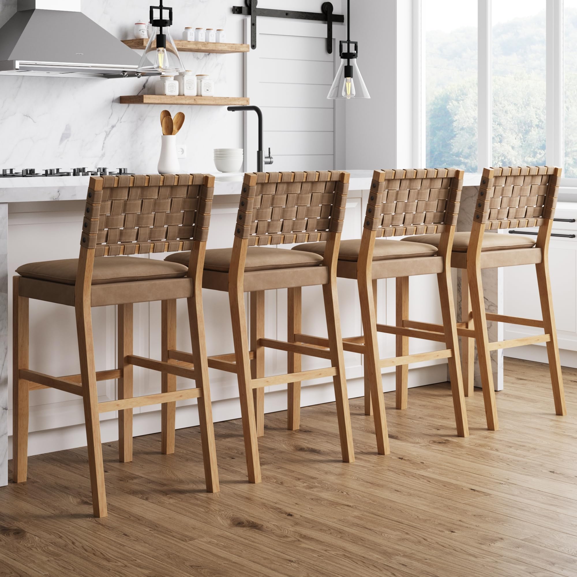 Nathan James Cohen Mid-Century Modern Leather Bar Stool, Counter Height Chair in Solid Wood Frame with Footrest and Woven Leather Back for Kitchen, Natural Brown, 1 count, Barstool - 24"