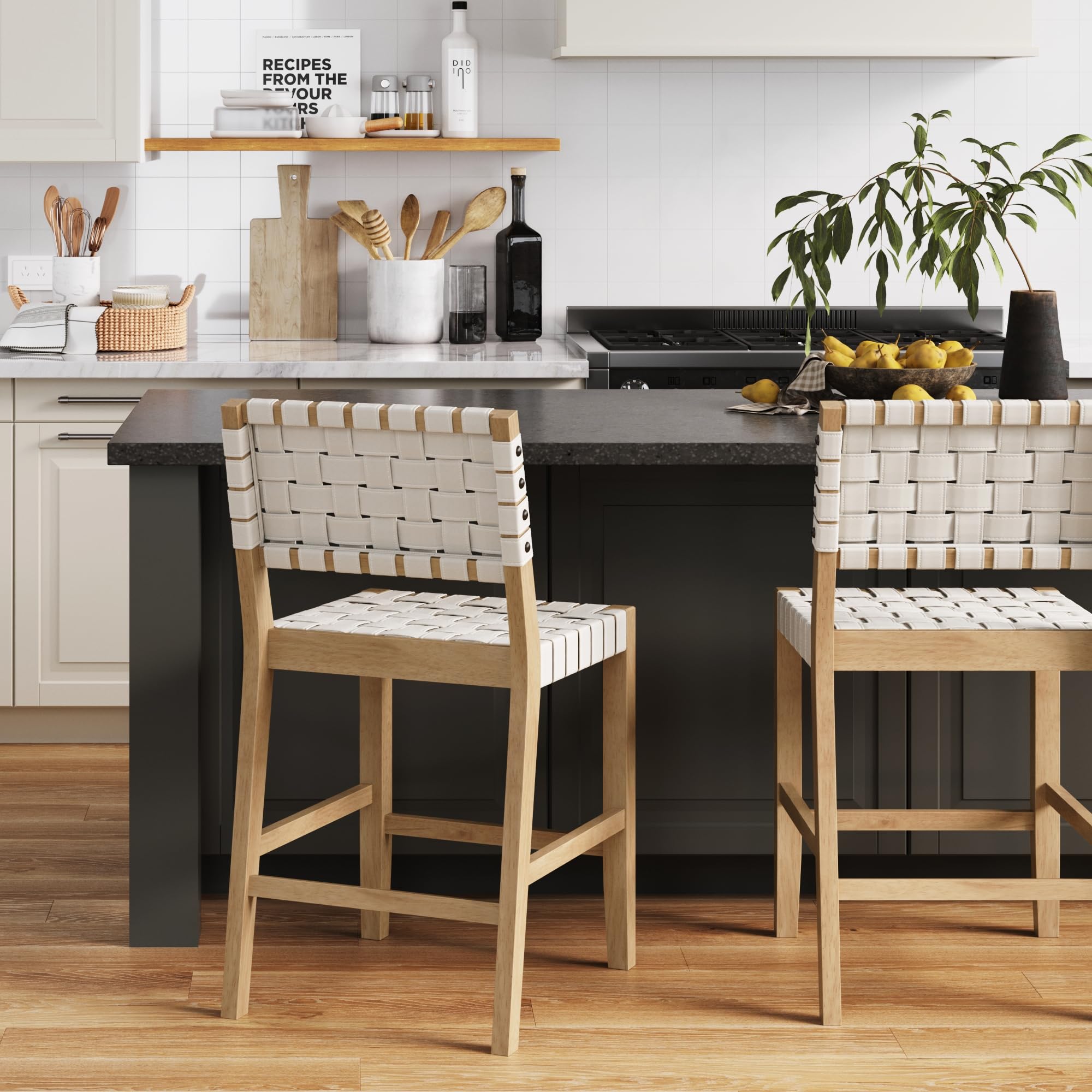 Nathan James Cohen Mid-Century Modern Leather Bar Stool, Counter Height Chair in Solid Wood Frame with Footrest and Woven Leather Back for Kitchen, Natural Brown, 1 count, Barstool - 24"