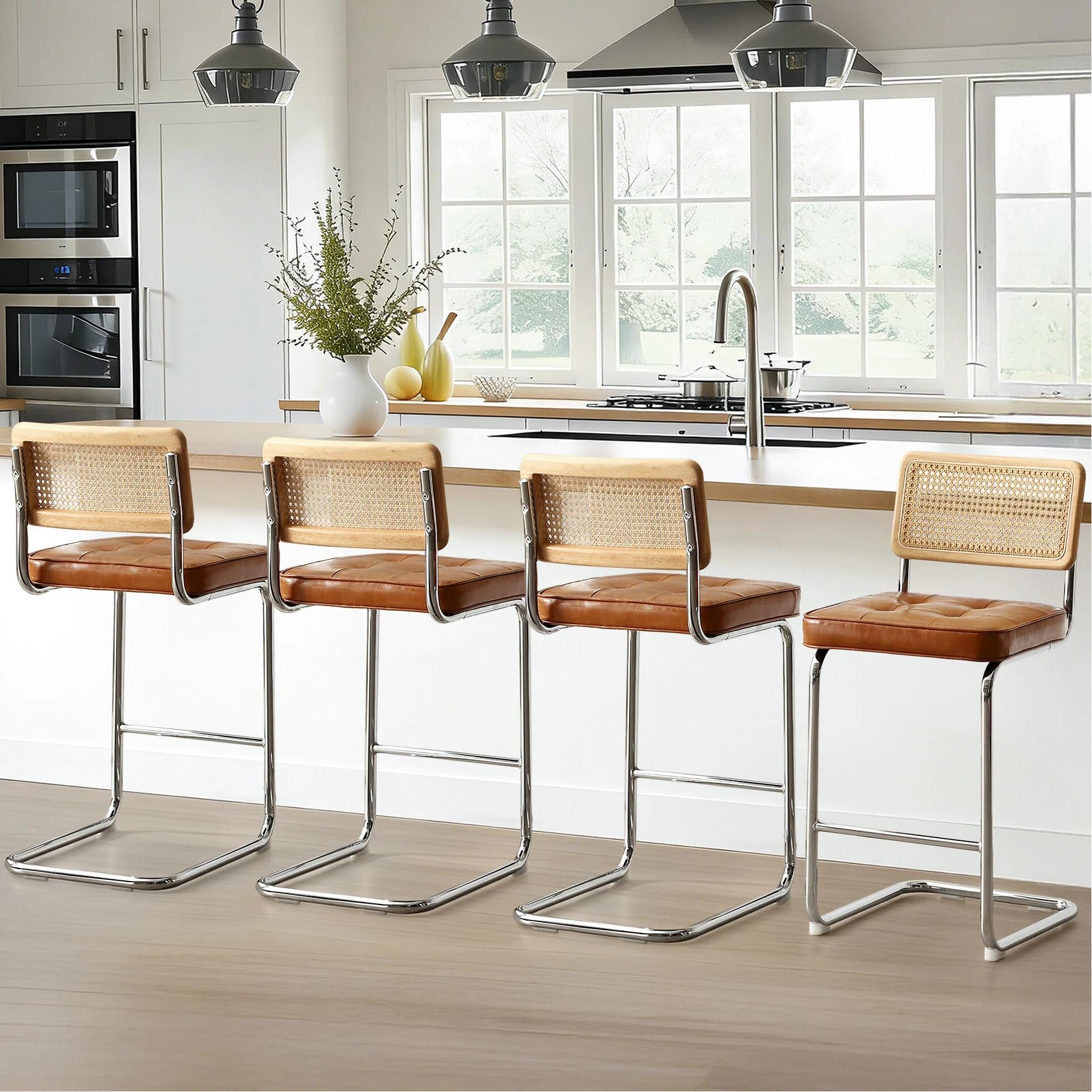 Zesthouse Natural Rattan Bar Stools Set of 2, Modern Counter Height Stools with Solid Wood Back, 26'' Counter Height Chairs, Mid Century Cantilevered Bar Chairs for Kitchen Island, Faux Leather Brown