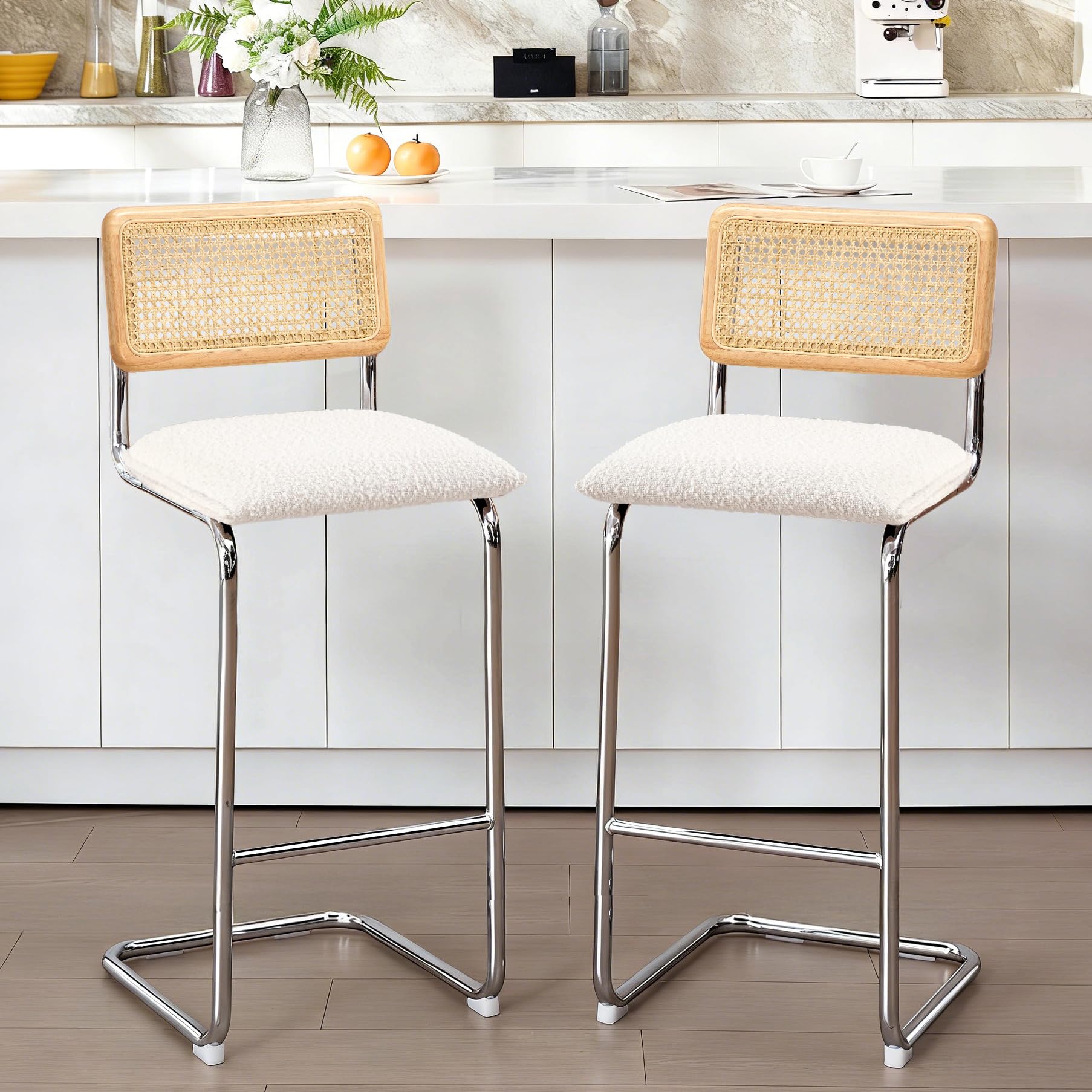 Zesthouse Natural Rattan Bar Stools Set of 2, Modern Counter Height Stools with Solid Wood Back, 26'' Counter Height Chairs, Mid Century Cantilevered Bar Chairs for Kitchen Island, Faux Leather Brown