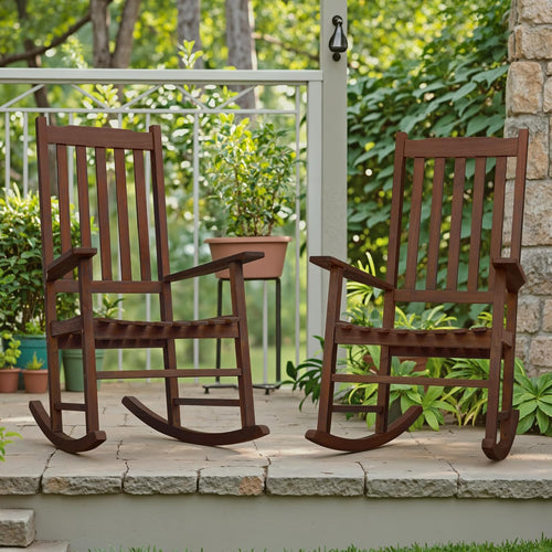 2 Acacia Wood Patio Rocking Chairs, High Back Brown