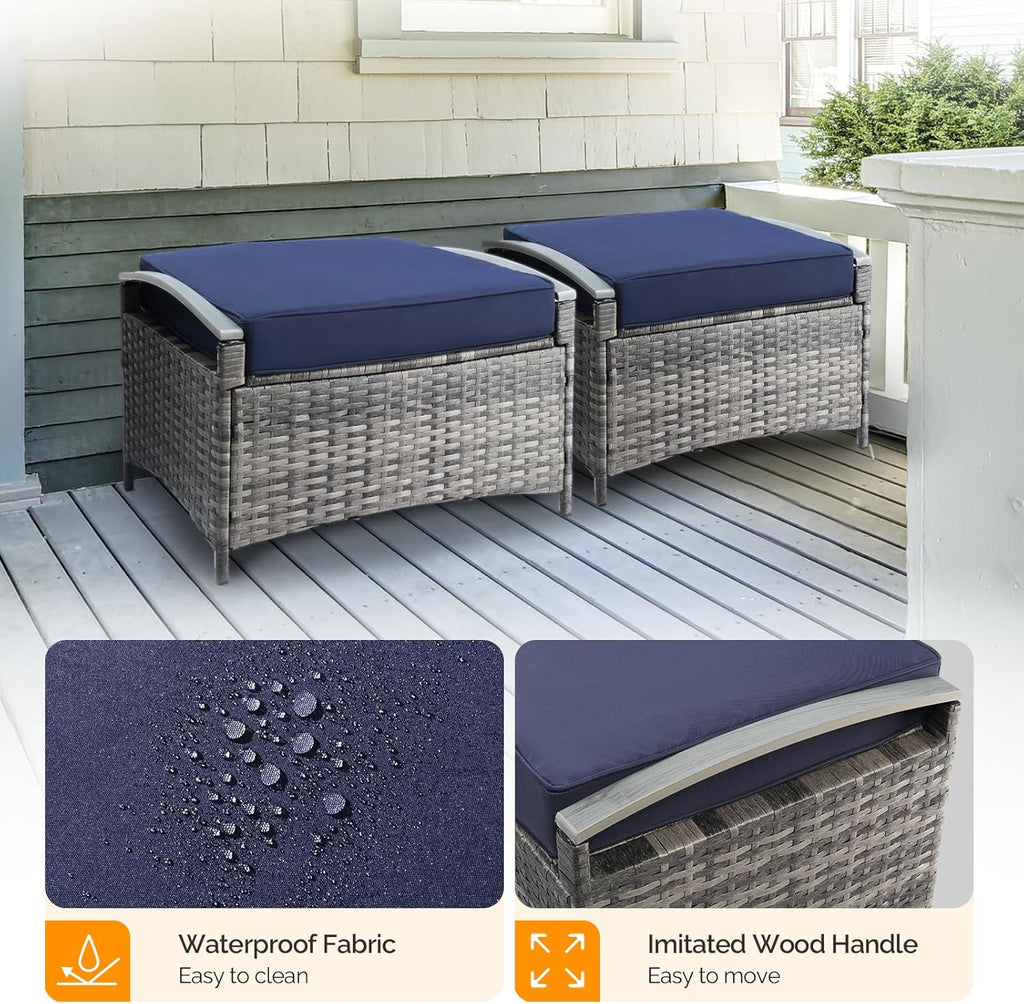 VINGLI 2 Pieces Rattan Ottoman with Storage, Wicker Patio Furniture w/Removable Cushion, Multipurpose Footrest Stool for Outdoor (Gray)