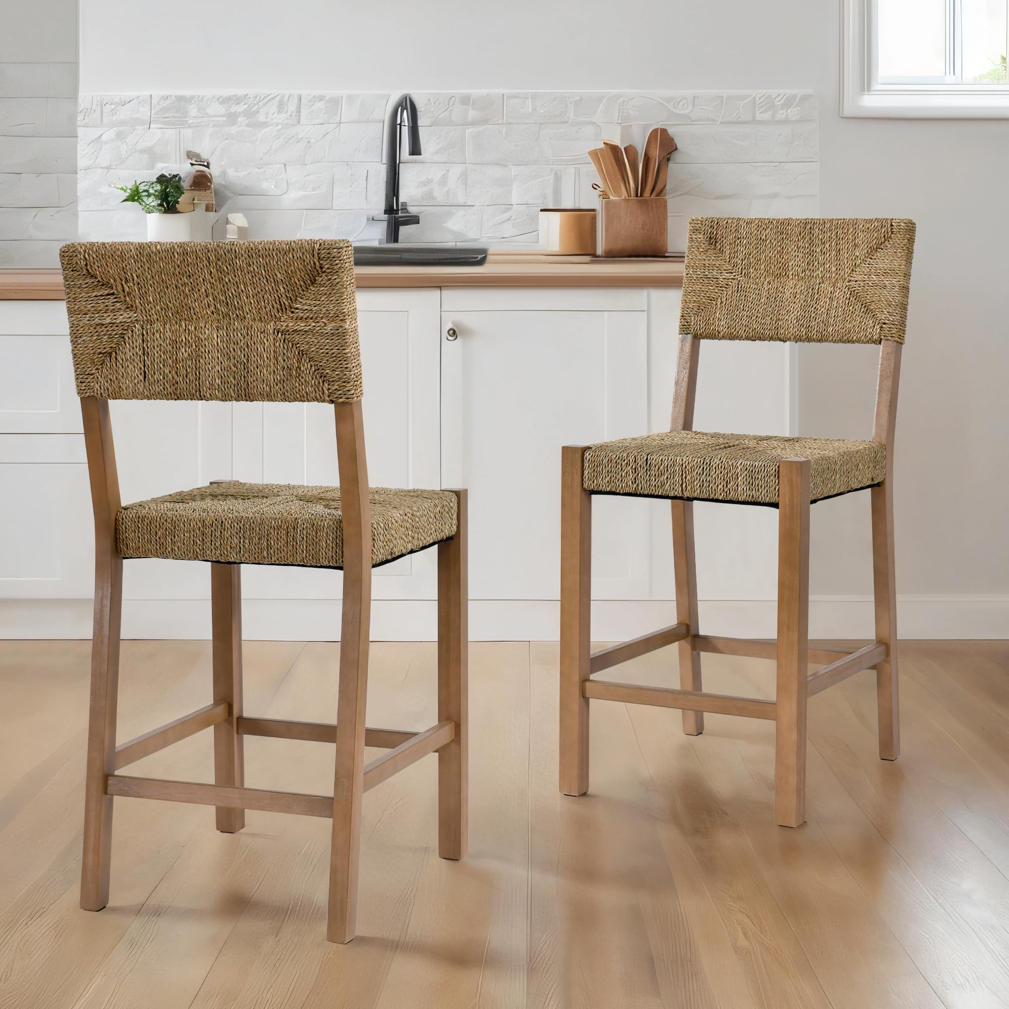 DUHOME Rattan Bar Stools Set of 4, 24'' Bohemian Counter Height Stool with Woven Seagrass Seat and Back, Solid Wood Legs and Footrest for Kitchen Island Dining Room Home Bar
