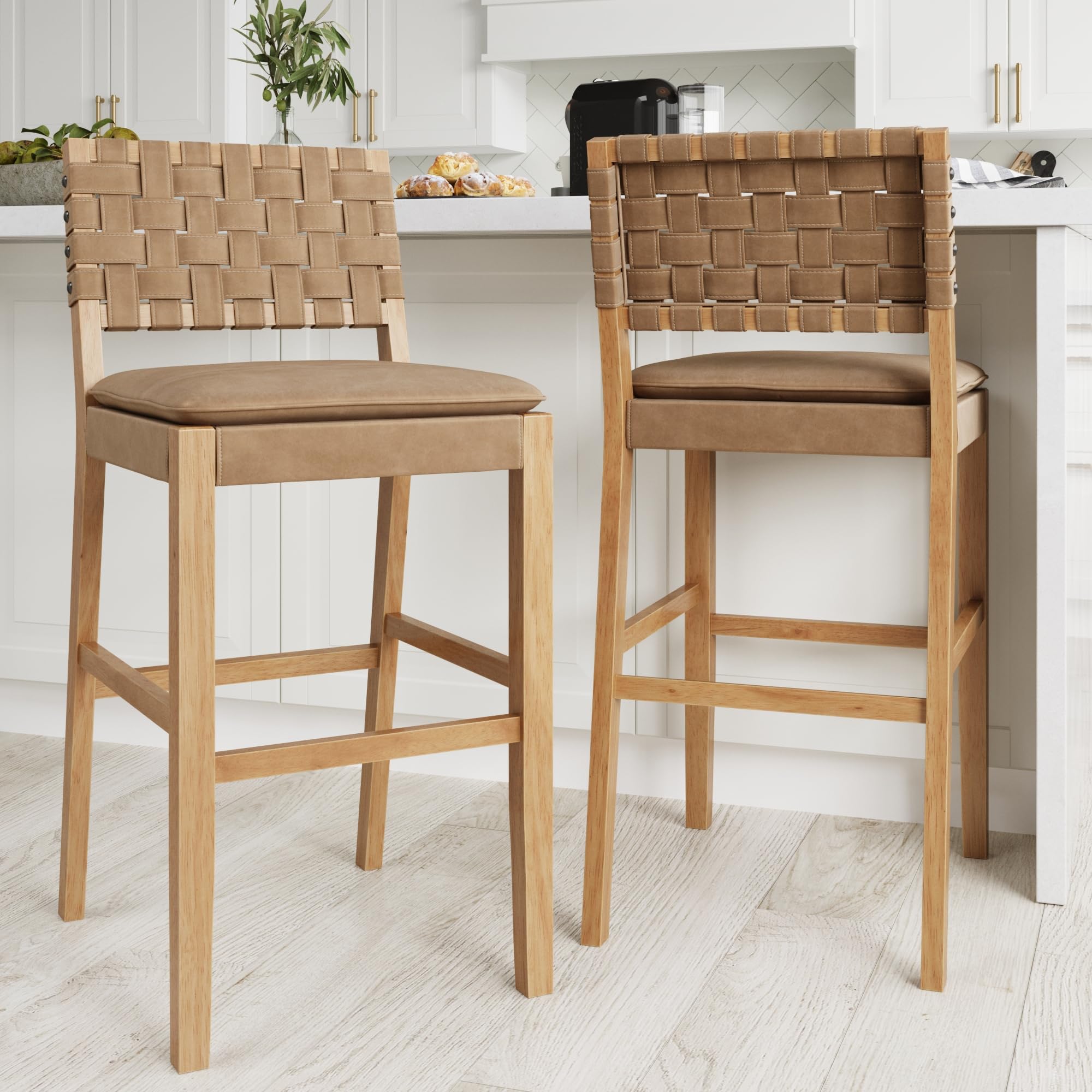 Nathan James Cohen Mid-Century Modern Leather Bar Stool, Counter Height Chair in Solid Wood Frame with Footrest and Woven Leather Back for Kitchen, Natural Brown, 1 count, Barstool - 24"