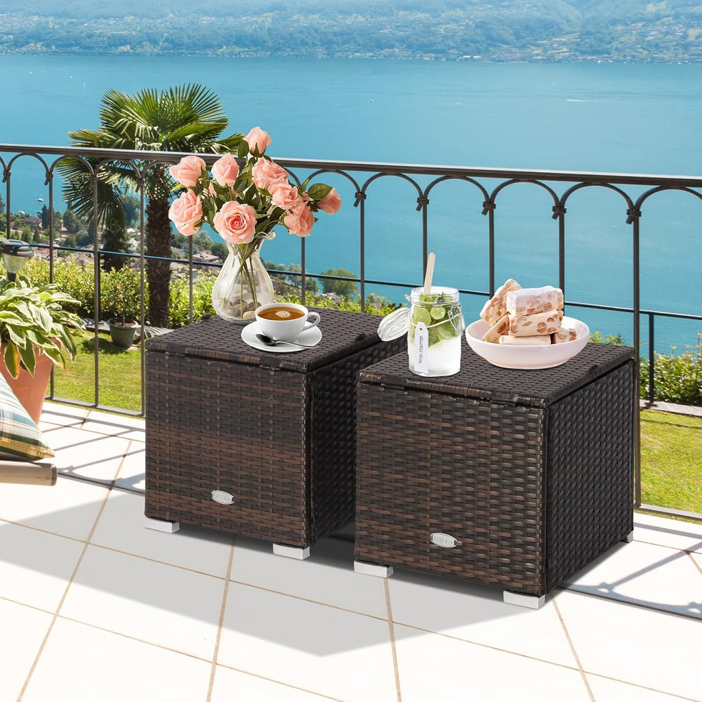 Tangkula 2 Pieces Patio Ottomans, Patiojoy Hand-Woven PE Rattan Side Table with Removable Cushion & Hidden Storage Space, Multifunctional Storage Box, Seat for Patio, Backyard, Poolside (Off White)