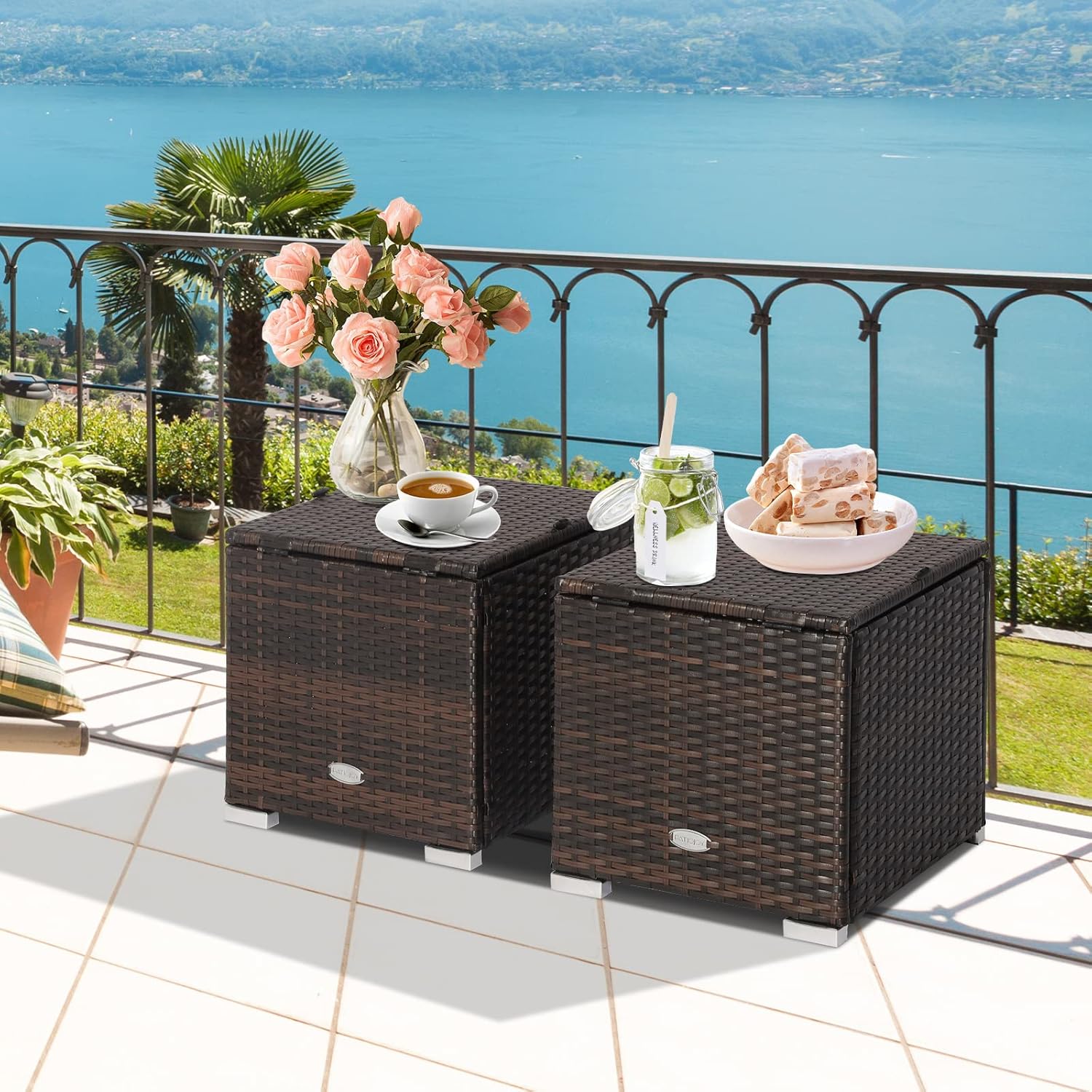 Tangkula 2 Pieces Patio Ottomans, Patiojoy Hand-Woven PE Rattan Side Table with Removable Cushion & Hidden Storage Space, Multifunctional Storage Box, Seat for Patio, Backyard, Poolside (Off White)