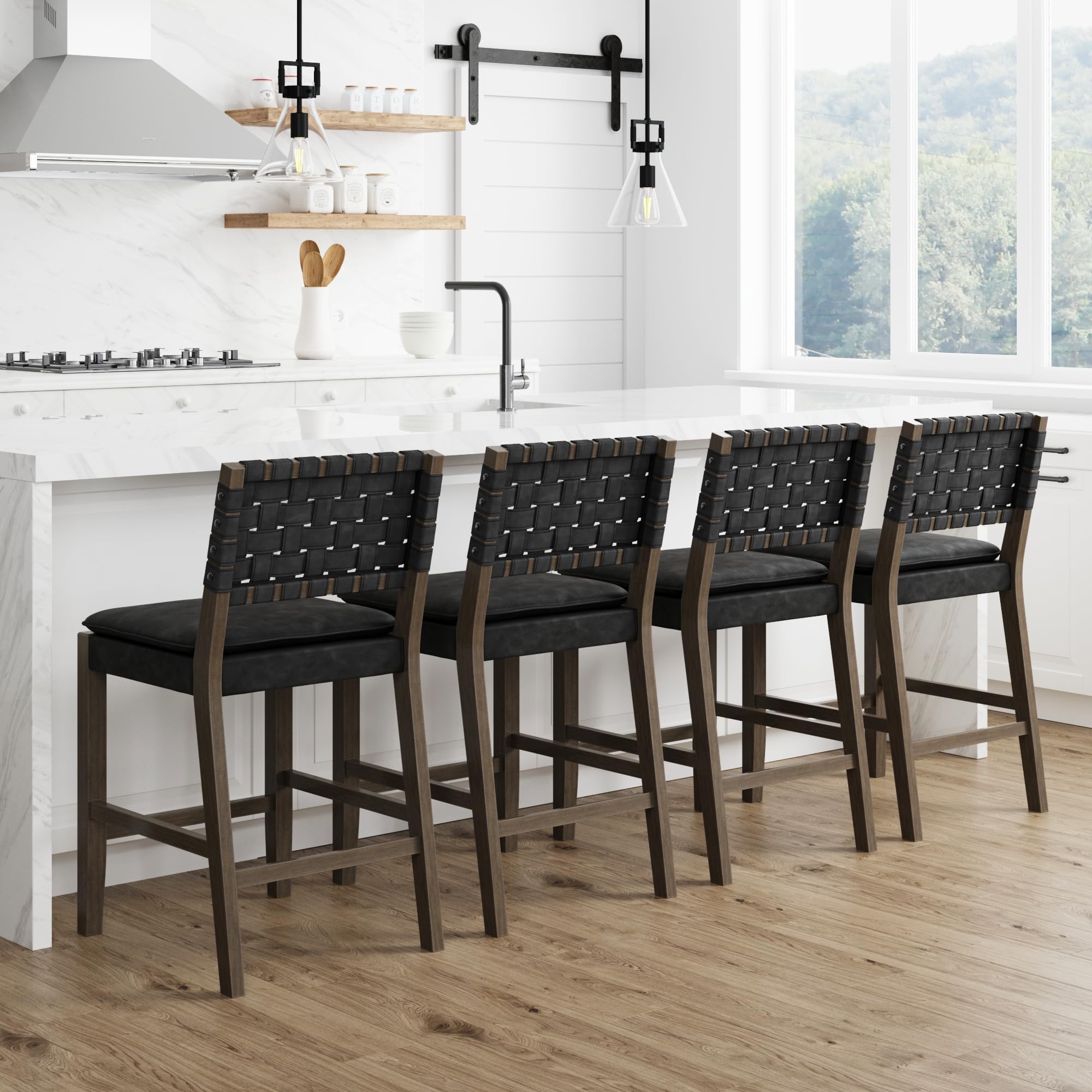 Nathan James Cohen Mid-Century Modern Leather Bar Stool, Counter Height Chair in Solid Wood Frame with Footrest and Woven Leather Back for Kitchen, Natural Brown, 1 count, Barstool - 24"