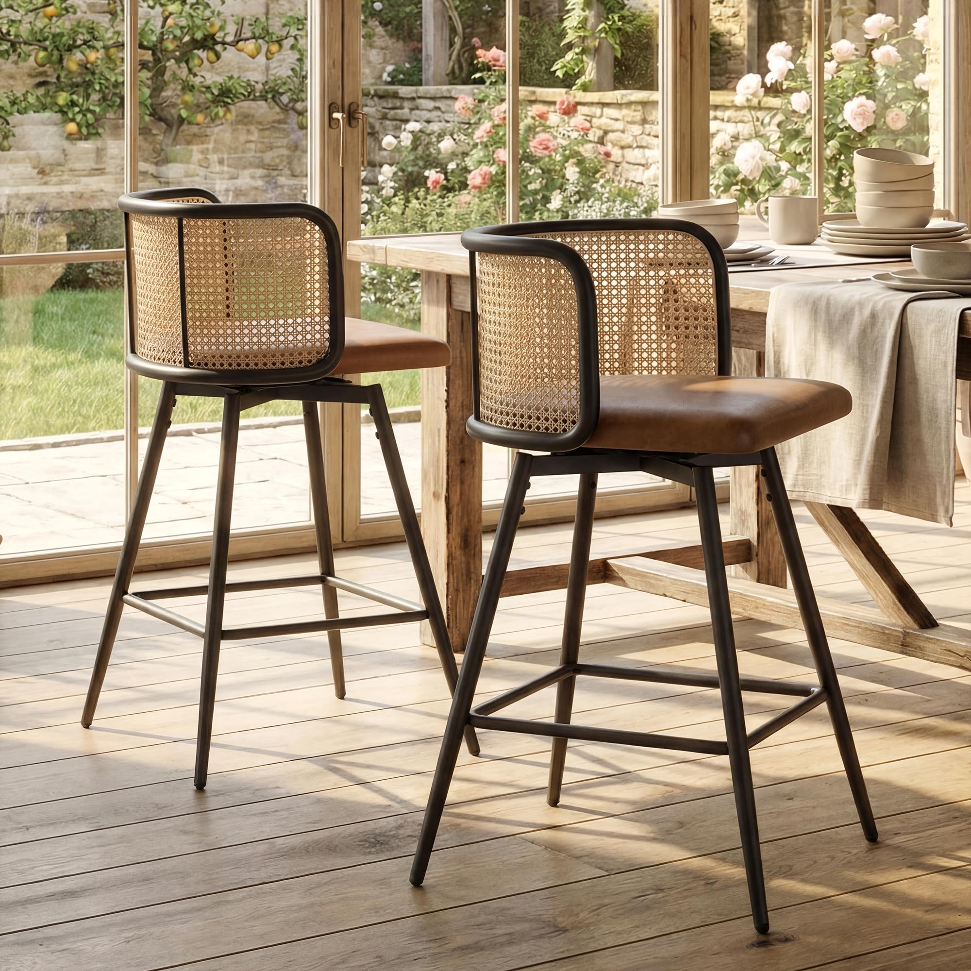 TYBOATLE Swivel Rattan Bar Stools Set of 2, 26” Counter Height Stools with Natural Rattan Woven Back and Faux Leather Seat, Mid-Century Modern Island Chairs Barstools for Kitchen, White (2)