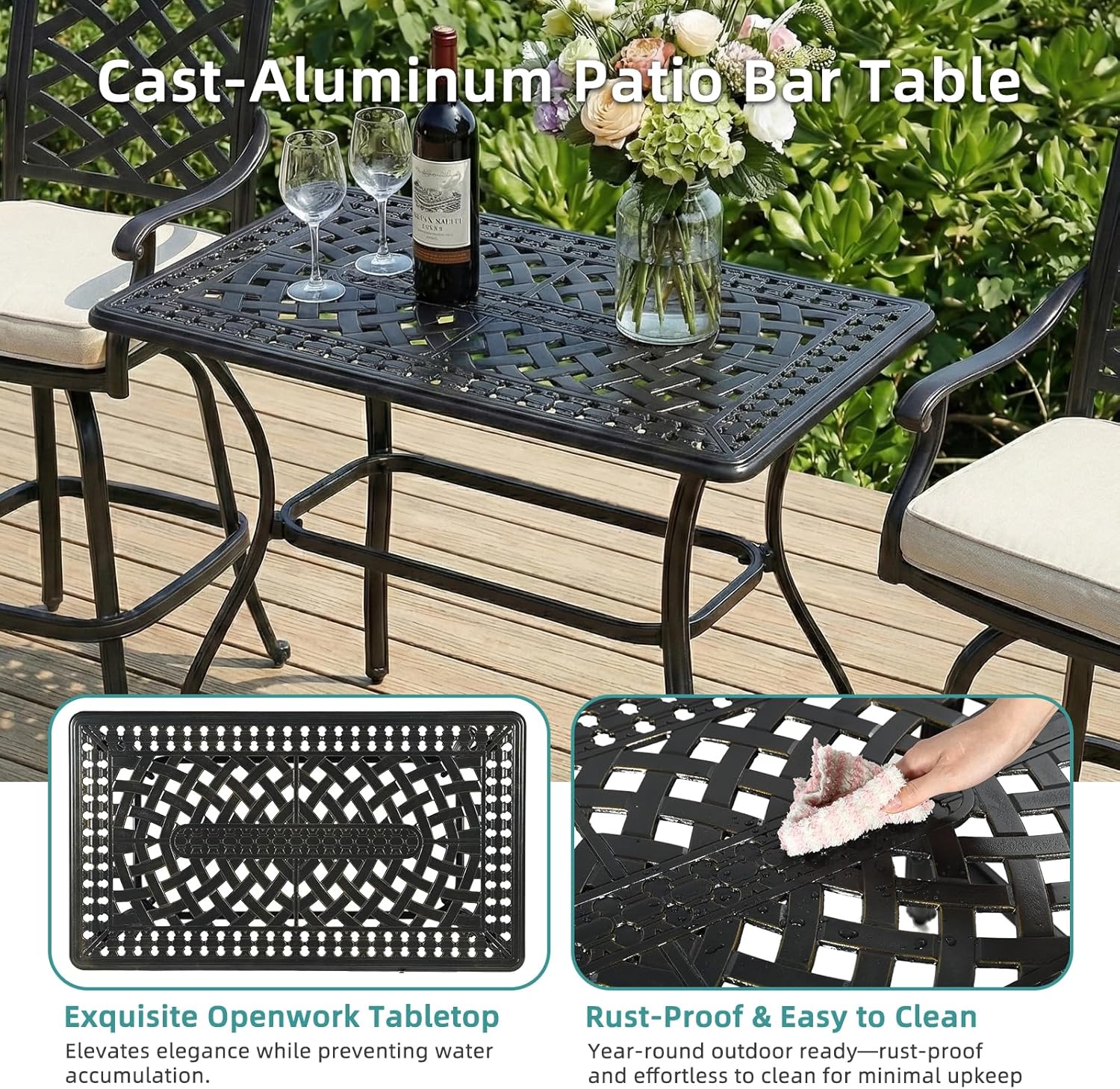 MEETWARM Outdoor Bar Table, All-Weather Cast Aluminum 42" Rectangle Patio Bar Counter Height Table, High Top Dining Table with Adjustable Feet, 200 LBS Heavy Duty Patio Bistro Pub Table, Dark Bronze