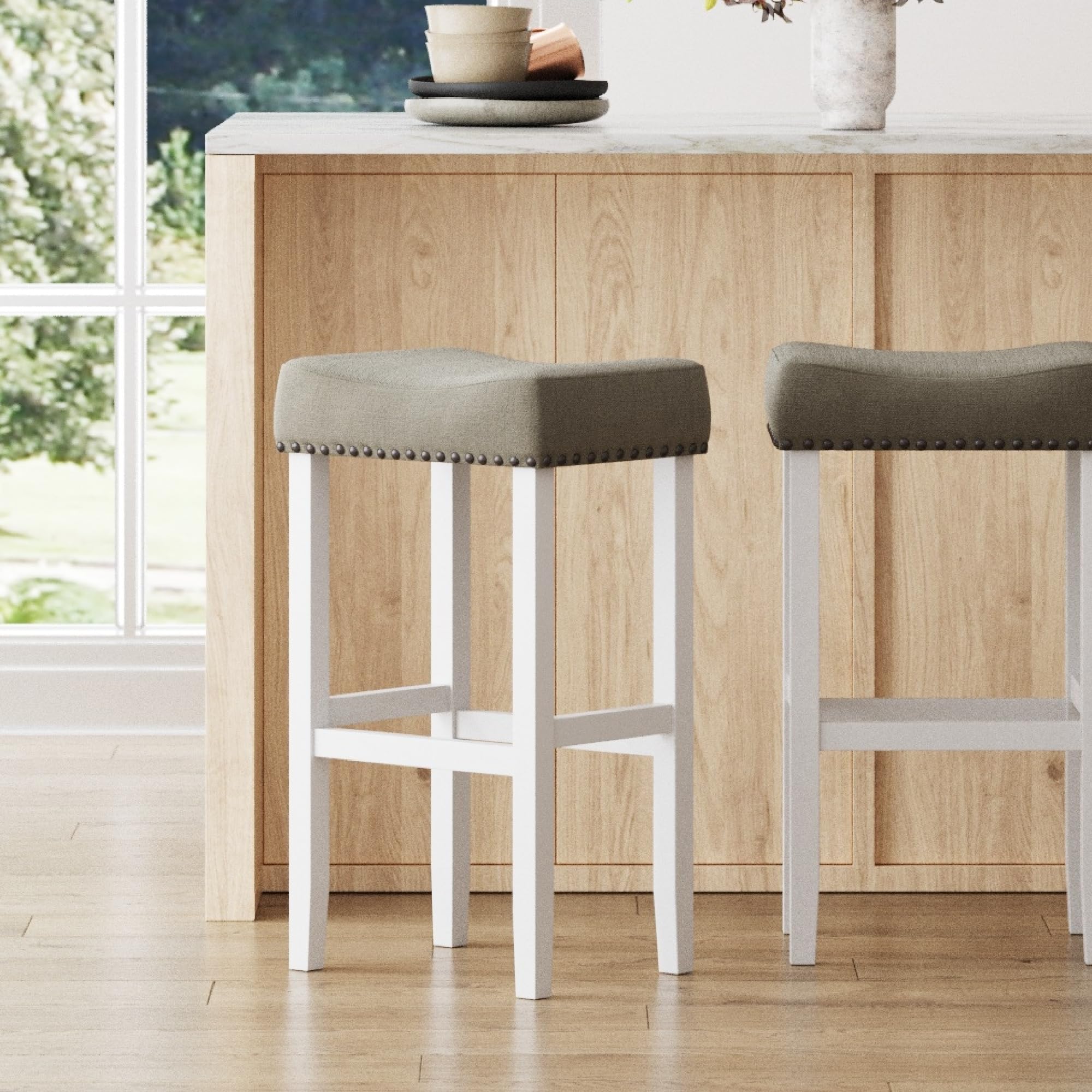 Nathan James Harvey Rattan Bar Stool, Bohemian Counter Height Stool with Woven Seagrass Seat, Solid Wood Legs, and Metal Footrest Seagrass/Brushed Black