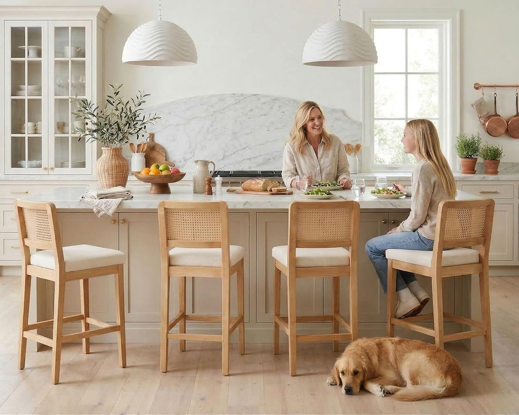 Wahson Counter Height Bar Stools Set of 4, Farmhouse Rattan Bar Stool with Back, Upholstered Wooden Barstools Mid Century Modern Breakfast Bar Chairs for Kitchen Island, Chenille Beige