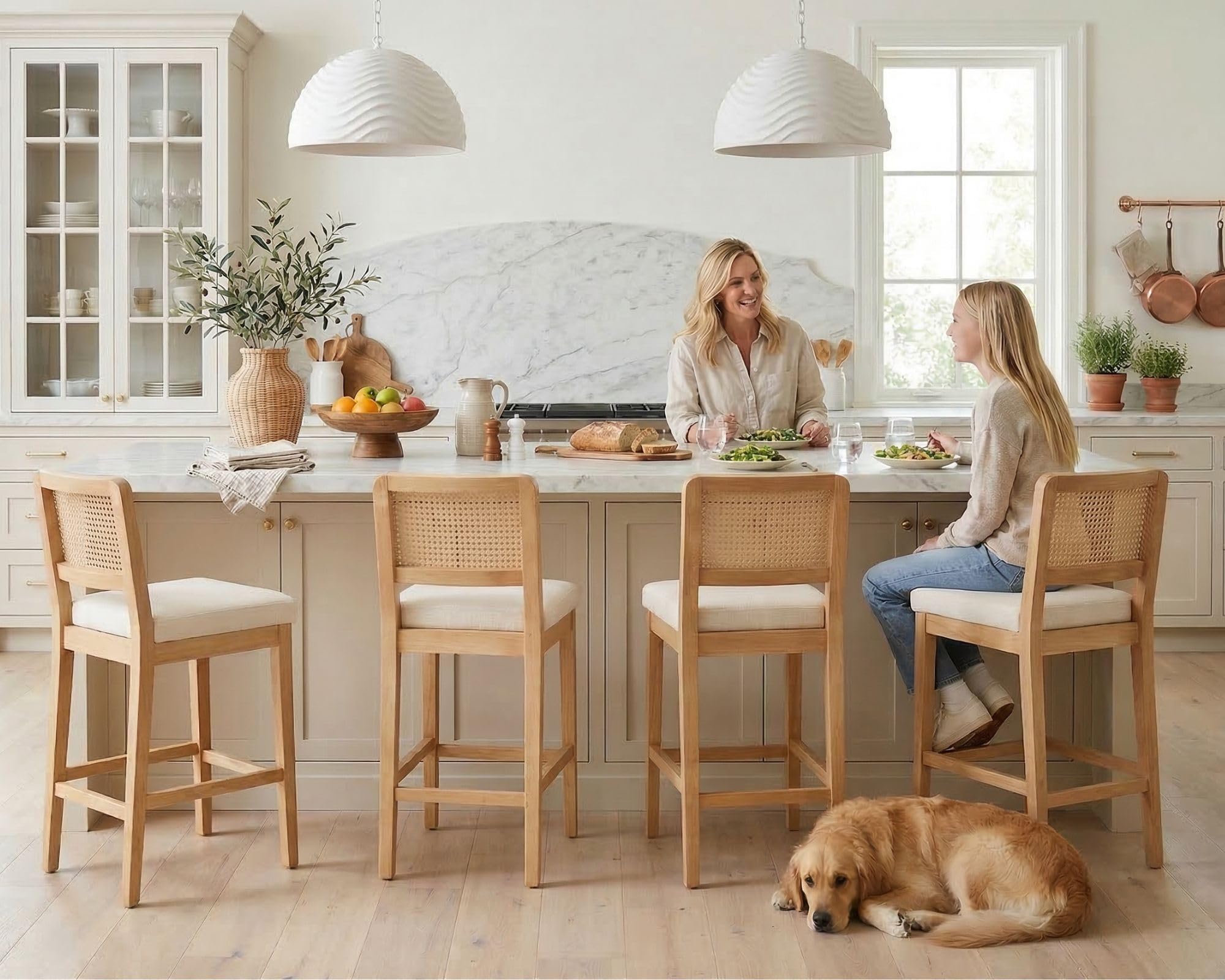 Wahson Counter Height Bar Stools Set of 4, Farmhouse Rattan Bar Stool with Back, Upholstered Wooden Barstools Mid Century Modern Breakfast Bar Chairs for Kitchen Island, Chenille Beige
