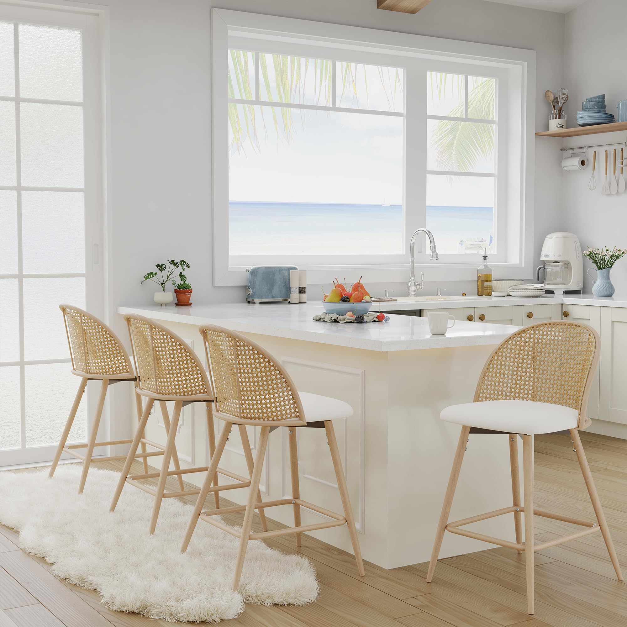 TYBOATLE 29'' BarStools Set of 2 w/Rattan Backrest, Swivel Counter Height Bar stools w/Metal Legs, Modern Mid-Century Boho Bar stools with Faux Leather for Kitchen Island, Dining Room, White