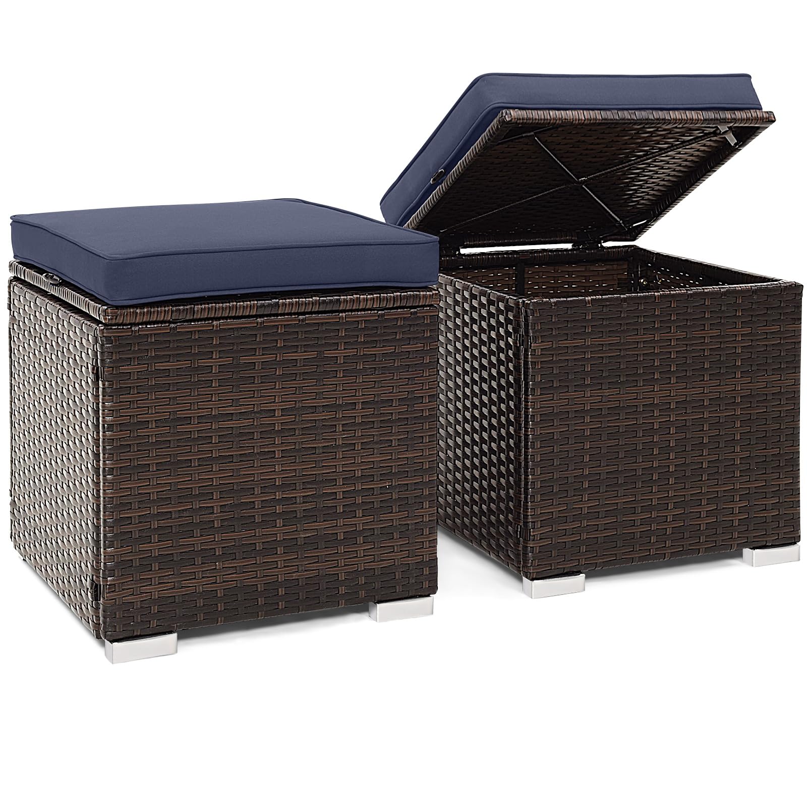 Tangkula 2 Pieces Patio Ottomans, Patiojoy Hand-Woven PE Rattan Side Table with Removable Cushion & Hidden Storage Space, Multifunctional Storage Box, Seat for Patio, Backyard, Poolside (Off White)