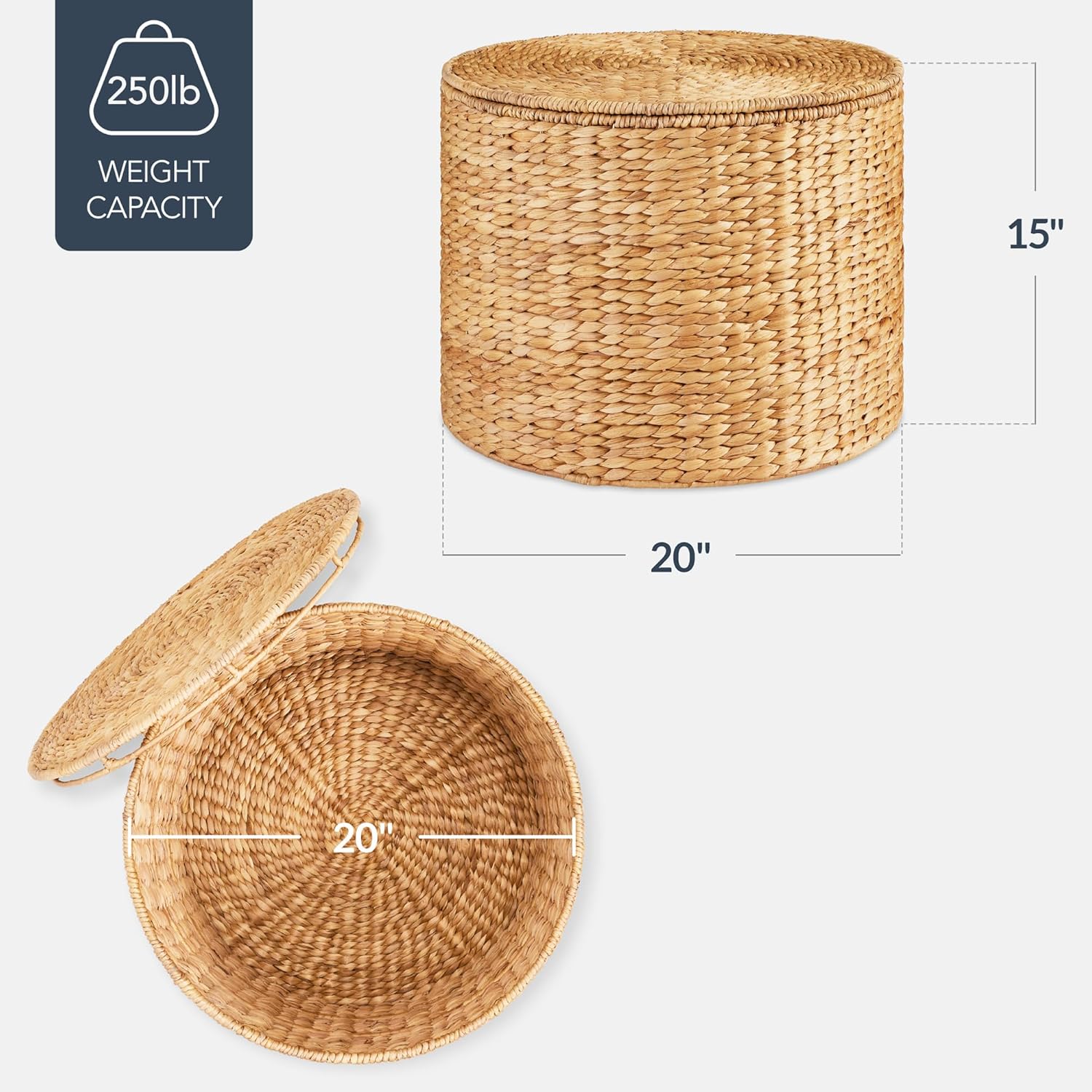 Best Choice Products Large Round Storage Ottoman W/Lid, Handwoven Water Hyacinth Footstool, Accent Stool, Side Table, Storage Container, Plant Stand For Living Room, Office, or Bedroom - Natural